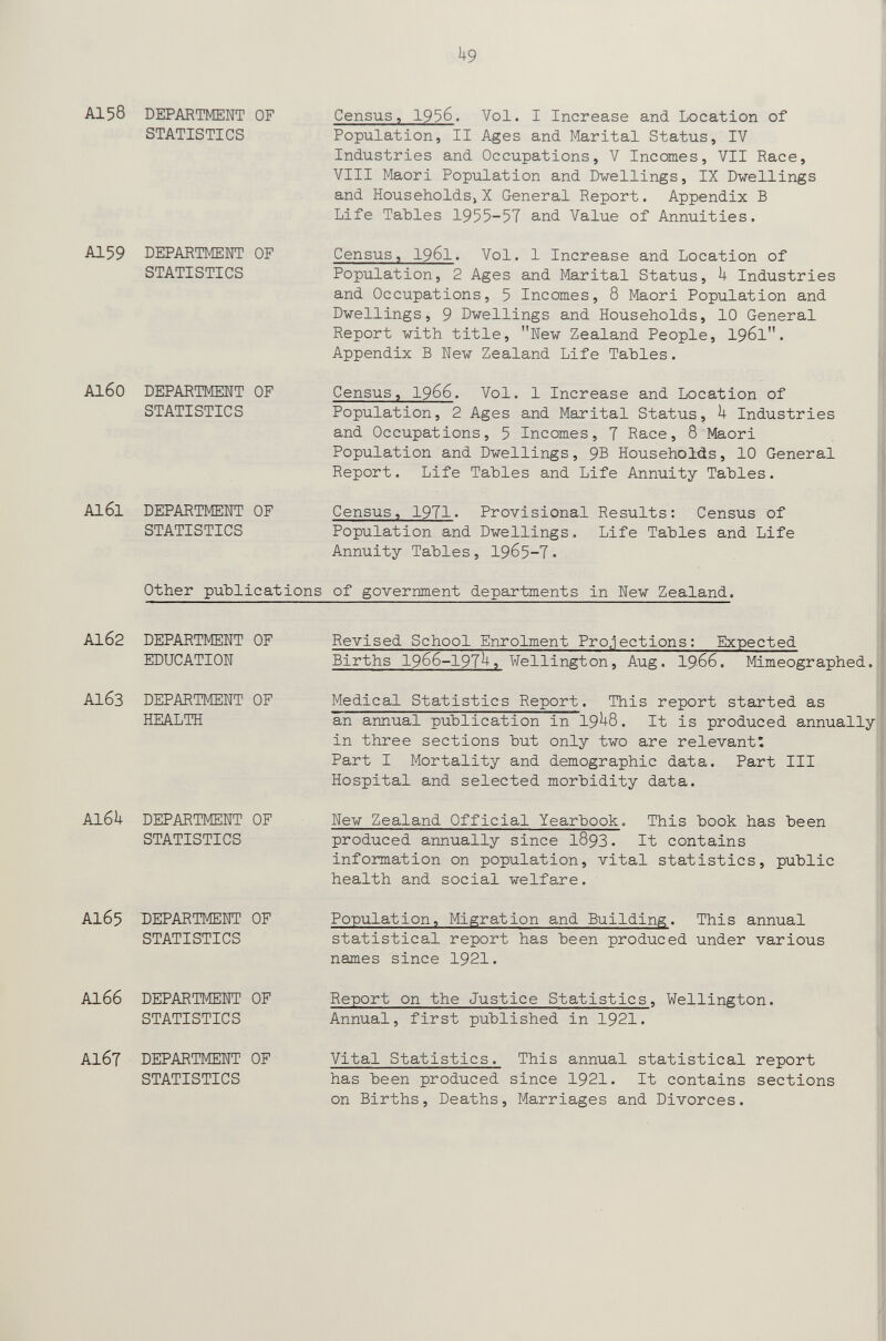 i+9 Al58 DEPARTMENT OF STATISTICS Al 59 DEPARTMENT OF STATISTICS AI6O DEPARTMENT OF STATISTICS Al61 DEPARTMENT OF STATISTICS Census, 19^6. Vol. I Increase and Location of Population, II Ages and Marital Status, IV Industries and Occupations, V Incomes, VII Race, VIII Maori Population and Dwellings, IX Dwellings and Households, X General Report. Appendix В Life Tables 1955-57 and Value of Annuities. Census, 1961. Vol. 1 Increase and Location of Population, 2 Ages and Marital Status, b- Industries and Occupations, 5 Incomes, 8 Maori Population and Dwellings, 9 Dwellings and Households, 10 General Report with title, New Zealand People, 1961. Appendix Б New Zealand Life Tables. Census, 1966. Vol. 1 Increase and Location of Population, 2 Ages and Marital Status, U Industries and Occupations, 5 Incomes, T Race, 8 Maori Population and Dwellings, 9B Households, 10 General Report. Life Tables and Life Annuity Tables. Census, 1971. Provisional Results: Census of Population and Dwellings. Life Tables and Life Annuity Tables, 1965-7• Other publications of government departments in New Zealand. AI62 DEPARTMENT OF EDUCATION AI63 DEPARTMENT OF HEALTH AI6Ì+ DEPARTMENT OF STATISTICS AI65 bEPARTMENT OF STATISTICS Revised School Enrolment Pro.j ections : Expected Births 1966-197^, Wellington, Aug. 19-66. Mimeographed. Medical Statistics Report. This report started as an annual publication in 19^8. It is produced annually in three sections but only two are relevant: Part I Mortality and demographic data. Part III Hospital and selected morbidity data. New Zealand Official Yearbook. This book has been produced annually since 189З. It contains infomation on population, vital statistics, public health and social welfare. Population, Migration and Building. This annual statistical report has been produced under various names since 1921. Al66 DEPARTMENT OF STATISTICS Report on the Justice Statistics, Annual, first published in 1921. Wellington. AI67 DEPARTMENT OF STATISTICS Vital Statistics. This annual statistical report has been produced since 1921. It contains sections on Births, Deaths, Marriages and Divorces.