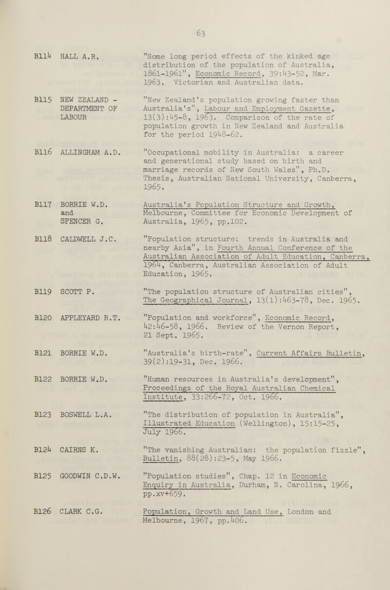 бз BllU HALL A.R. B115 NEW ZEALAND - DEPARTMENT OF LABOUR В11б ALLINGHAM A.D. Some long period effects of the kinked age distribution of the population of Australia, 186I-I961, Economic Record, 39:^3-52, Mar. 1963. Victorian and Australian data. New Zealand's population growing faster than Australia's, Labour and Employment Gazette, 13(3): ^5-8, 196*3. Compari son of the rate of population growth in New Zealand and Australia for the period 19^-8-62. Occupational mobility in Australia; a career and generational study based on birth and marriage records of New South Wales, Ph.D. Thesis, Australian National University, Canberra, 1965. BUT BORRIE W.D. and SPENCER G. BII8 CALDWELL J.С. B119 SCOTT P. B120 APPLEYARD R.T. B121 BORRIE W.D. B122 BORRIE W.D. BI23 BOSWELL L.A. B12k CAIRNS K. BI25 GOODWIN C.D.W. BI26 CLARK e.G. Australia's Population Structure and Growth, Melbourne, Committee for Economic Development of Australia, 1965, pp.102. Population structure: trends in Australia and nearby Asia, in Fourth Annual Conference of the Australian Association of Adult Education, Canberra, 19б1|-, Canberra, Australian Association of Adult Education, I965. The population structure of Australian cities. The Geographical Journal, 13(l):U63-78, Dec. I965. Population and workforce, Economic Record, U2:^6-58, 1966. Review of the Vernon Report, 21 Sept. 1965. Australia's birth-rate. Current Affairs Bulletin, 39(2):19-31, Dec. I966. Human resources in Australia's development, Proceedings of the Royal Australian Chemical Institute, 33:266-72, Oct. 1966. The distribution of population in Australia, Illustrated Education (Wellington), 15:15-25, July 1966. The vanishing Australian: the population fizzle. Bulletin, 88(28);23-5, May I966. Population studies. Chap. 12 in Economic Enquiry in Australia, Durham, N. Carolina, I966, pp.xv+659. Population, Growth and Land Use, London and Melbourne, I96T, рр.Ь-Об.