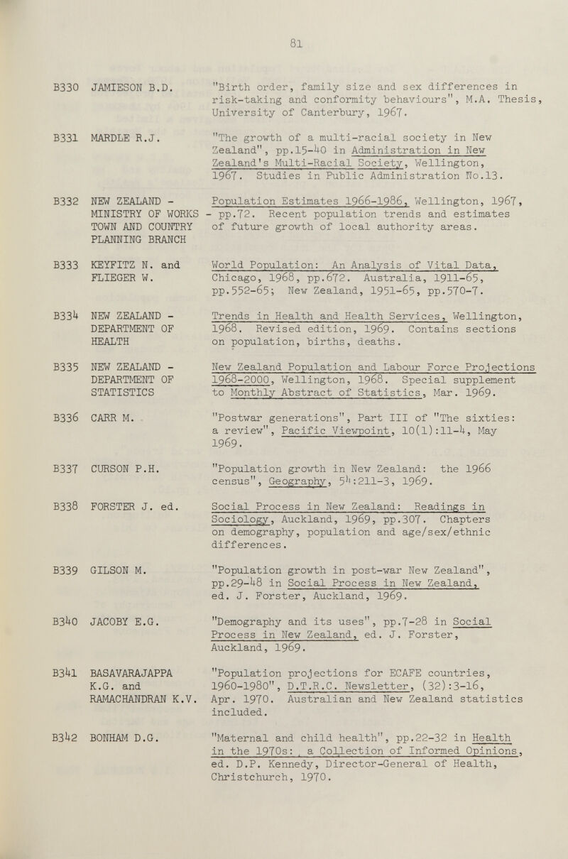 81 ВЗЗО JAMIESOW B.D. B331 MAEDLE R.J. Birth order, family size and sex differences in risk-taking and conformity ЪеЬ.ау1оигз, M.A. Thesis, University of Canterbury, 196?. The growth of a multi-racial society in New Zealand, pp.15-^0 in Administration in New Zealand's Multi-Racial Society, Wellington, 1967. Studies in Public Administration N0.13. ВЗЗ2 NEW ZEALAND - Population Estimates I966-I986, Wellington, I96Tj MINISTRY OF WORKS - pp.72. Recent population trends and estimates TOWN AND COUNTRY PLANNING BRANCH of future growth of local authority areas. B333 KEYFITZ N. and FLIEGER W. B33U NEW ZEALAND - DEPARTMENT OF HEALTH World Population: An Analysis of Vital Data, Chicago, 1968, pp.672. Australia, I9II-65, pp.552-65; New Zealand, 1951-65 5 pp.570-7. Trends in Health and Health Services, Wellington, 1968. Revised edition, I969. Contains sections on population, births, deaths. B335 NEW ZEALAND - DEPARTMENT OF STATISTICS ВЗЗ6 CARR M. B337 CURSON P.H. ВЗЗ8 FORSTER J. ed. New Zealand Population and Labour Force Projections 1968-2000, Wellington, 1968. Special supplement to Monthly Abstract of Statistics, Mar. I969■ Postwar generations, Part III of The sixties: a review, Pacific Viewpoint, 10(l):ll-U, May 1969. Population growth in New Zealand: the I966 census. Geography, 5^:211-3, I969. Social Process in New Zealand: Readings in Sociology, Auckland, 1969» pp.307. Chapters on demography, population and age/sex/ethnic differences. B339 GILSON M. Population growth in post-war New Zealand pp.29-^8 in Social Process in New Zealand, ed. J. Forster, Auckland, I969. B3iiO JACOBY E.G. Demography and its uses, pp.7-28 in Social Process in New Zealand, ed. J. Forster, Auckland, I969. B3Ì+I BASAVARAJAPPA К.G. and RAMACHANDRA1Í K.V. Population projections for ECAFE countries, 1960-1980, D.T.R.C. Newsletter, (32):3-l6, Apr. 1970. Australian and New Zealand statistics included. B3h2 BONHAM D.G. Maternal and child health, pp.22-32 in Health in the 1970s: . a Collection of Informed Opinions, ed. D.P. Kennedy, Director-General of Health, Christchurch, 1970.
