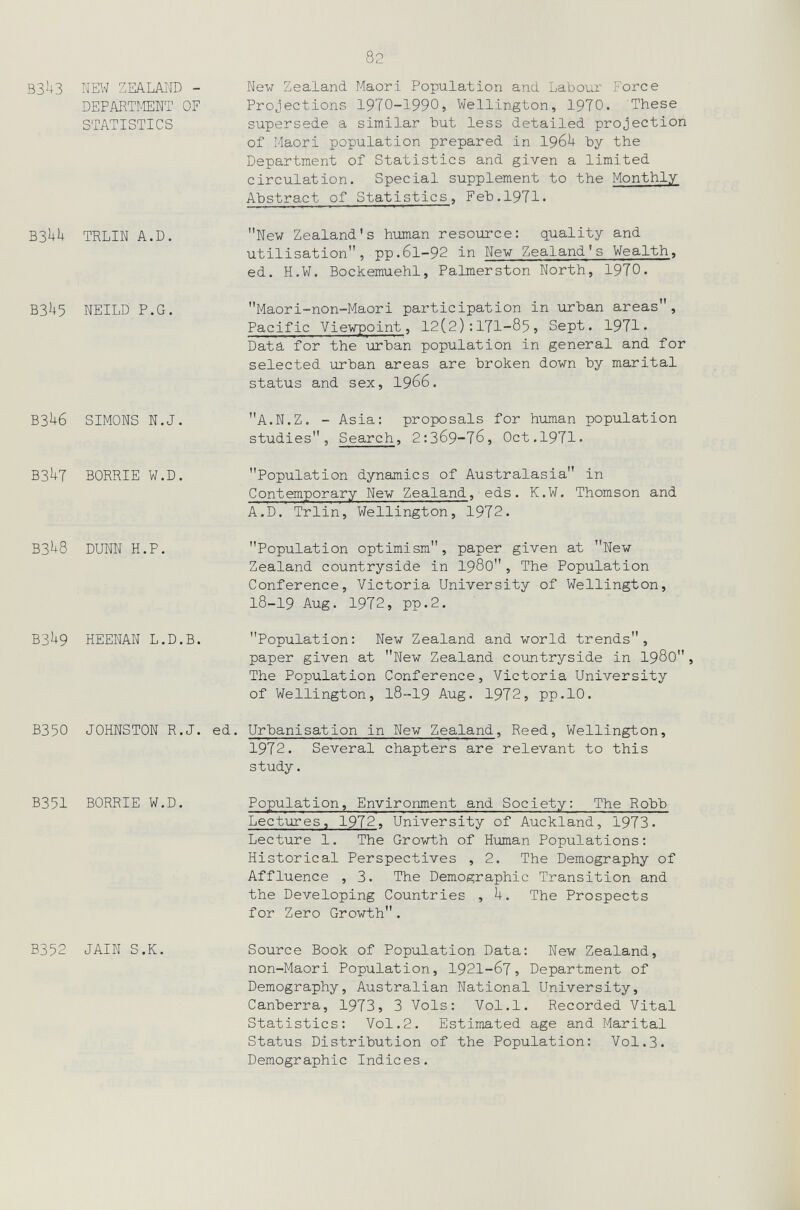 82 ВЗ^З NEW ZEALAND - DEPARTMENT OF STATISTICS B3hh TRLIN A.D. B3U5 NEILD P.G. B3U6 SIMONS N.J. ВЗ^Т BORRIE W.D. B3Ì+8 DUNN H.P. B3U9 HEENAN L.D.B. New Zealand Maori Population and Labour Force Projections I9TO-I99O, Wellington, 1970. These supersede a similar but less detailed projection of Maori population prepared in 19б^+ by the Department of Statistics and given a limited circulation. Special supplement to the Monthly- Abstract of Statistics, Feb.1971. New Zealand's human resource; quality and utilisation, pp.61-92 in New Zealand's Wealth, ed. H.W. Bockemuehl, Palmerston North, 1970. Maori-non-Maori participation in urban areas. Pacific Viewpoint, 12(2): 171-85j Sept. 1971- Data for the urban population in general and for selected urban areas are broken down by marital status and sex, 1966. A.N.Z. - Asia; proposals for h-uman population studies, Search, 2;3б9-7б, Oct.1971. Population dynamics of Australasia in Contemporary New Zealand, eds. K.W. Thomson and A.D. Trlin, Wellington, 1972. Population optimism, paper given at New Zealand countryside in I980, The Population Conference, Victoria University of Wellington, 18-19 Aug. 1972, pp.2. Population: New Zealand and world trends, paper given at New Zealand countryside in I98O, The Population Conference, Victoria University of Wellington, 18-19 Aug. 1972, pp.10. ВЗ50 JOHNSTON R.J. ed. Urbanisation in New Zealand, Reed, Wellington, 1972. Several chapters are relevant to this study. ВЗ51 BORRIE W.D. Population, Environment and Society: The Robb Lectures, 1972, University of Auckland, 1973. Lecture 1. The Growth of Human Populations: Historical Perspectives , 2. The Demography of Affluence , 3. The Demographic Transition and the Developing Countries , U. The Prospects for Zero Growth. ВЗ52 JAIN S.K. Source Book of Population Data: New Zealand, non-Maori Population, I92I-67, Department of Demography, Australian National University, Canberra, 1973, 3 Vols: Vol.1. Recorded Vital Statistics: Vol.2. Estimated age and Marital Status Distribution of the Population: Vol.3. Demographic Indices.