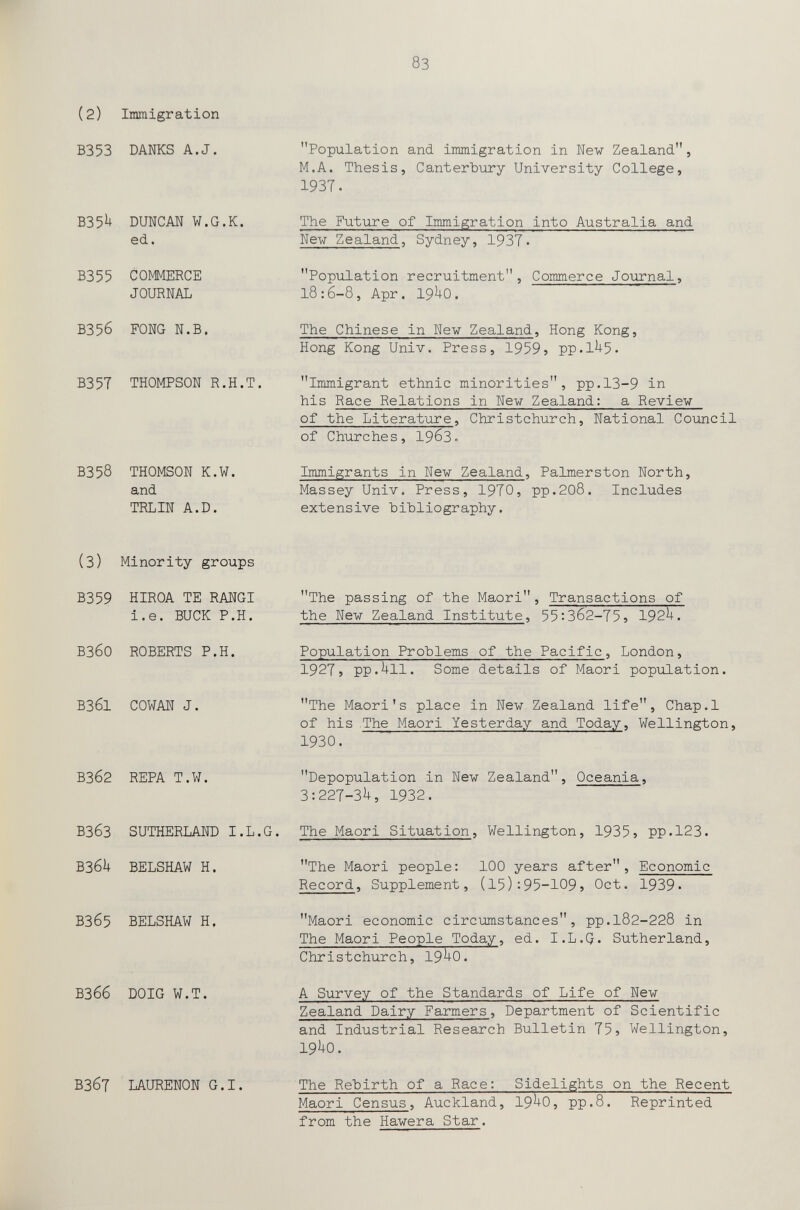 83 (2) Immigration B353 DANKS A.J. B35Ì+ DUWCAW W.G.K, ed. B355 COMMERCE JOURNAL ВЗ56 FONG N.B. B35T THOMPSON R.H.T, ВЗ58 THOMSON K.W. and TRLIN A.D. Population and immigration in New Zealand, M.A. Thesis, Canterbury University College, 1937. The Future of Immigration into Australia and Nev Zealand, Sydney, 1937. Population recruitment, Commerce Journal, 18 :6-8, Apr. 19^0. The Chinese in New Zealand, Hong Kong, Hong Kong Univ. Press, 19^9, PP-1^5. Immigrant ethnic minorities, pp.13-9 in his Race Relations in New Zealand: a Review of the Literature, Christchurch, National Council of Churches, 1963. Immigrants in New Zealand, Palmerston North, Massey Univ. Press, 1970, pp.208. Includes extensive bibliography. (3) Minority groups B359 HIROA TE RANGI i.e. BUCK P.H. ВЗ60 ROBERTS P.H. ВЗ61 COWAN J. ВЗ62 REPA T.W. ВЗ63 SUTHERLAND I.L.G. B36U BELSHAW H. ВЗ65 BELSHAW H. ВЗбб DOIG W.T. ВЗ67 LAURENON G.I, The passing of the Maori, Transactions of the New Zealand Institute, 55:362-75? 192U. Population Problems of the Pacific, London, 1927, pp.Uli. Some details of Maori population. The Maori's place in New Zealand life, Chap.l of his The Maori Yesterday and Today, Wellington, 1930. Depopulation in New Zealand, Oceania, 3:227-3^+, 1932. The Maori Situation, Wellington, 1935 5 pp.123. The Maori people: 100 years after. Economic Record, Supplement, (15):95-109s Oct. 1939» Maori economic circumstances, pp.182-228 in The Maori People Today, ed. I.L.Q. Sutherland, Christchurch, 19^0. A Survey of the Standards of Life of New Zealand Dairy Farmers, Department of Scientific and Industrial Research Bulletin 75? Wellington, I9U0. The Rebirth of a Race: Sidelights on the Recent Maori Census, Auckland, 19^0, pp.8. Reprinted from the Hawera Star•