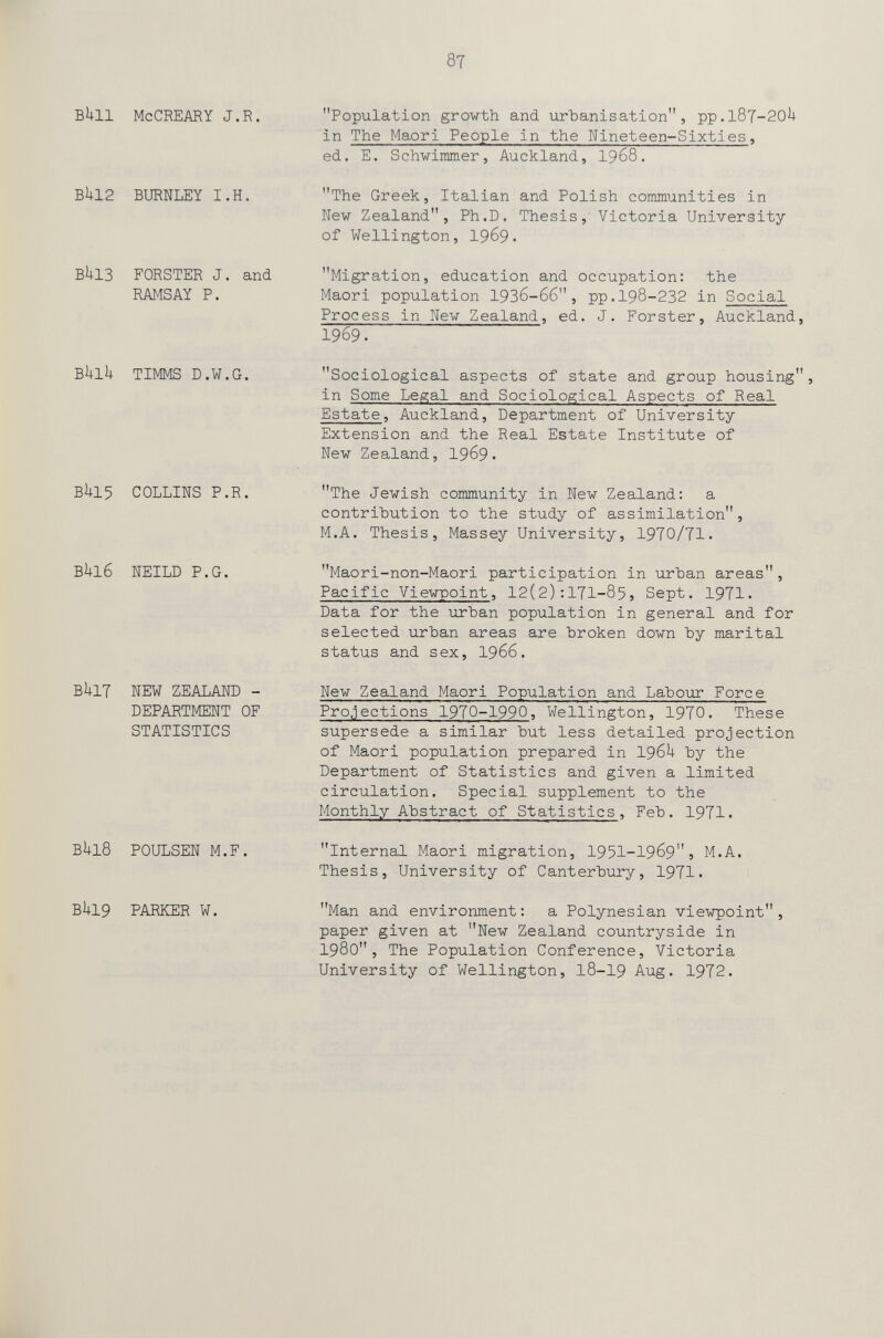 87 BUU McCREARY J.R. BU12 BURNLEY I.H. В1ЦЗ FORSTER J. and RAMSAY P. BUIU TIMMS D.W.G. В1Ц5 COLLINS P.R. В1иб NEILD P.G. Bi+IT NEW ZEALAND - DEPARTMENT OF STATISTICS Blll8 POULSEN M.F. BU19 PARKER W. Population growth and urtanisation, pp.l87-20U in The Maori People in the Nineteen-Sixties, ed. E. Schwimmer, Auckland, I968. The Greek, Italian and Polish comm.unities in New Zealand, Ph.D. Thesis, Victoria University of Wellington, 1969. Migration, education and occupation: the Maori population 1936-66, pp.198-232 in Social Process in New Zealand, ed. J. Forster, Auckland, 1969. Sociological aspects of state and group housing, in Some Legal and Sociological Aspects of Real Estate, Auckland, Department of University Extension and the Real Estate Institute of New Zealand, I969• The Jewish community in New Zealand: a contribution to the study of assimilation, M.A. Thesis, Massey University, 1970/71. Maori-non-Maori participation in urban areas, Pacific Viewpoint, 12(2):I7I-85, Sept. 1971. Data for the urban population in general and for selected urban areas are broken down by marital status and sex, I966. New Zealand Maori Population and Labour Force Pro.iections 1970-1990^ Wellington, 1970. These supersede a similar but less detailed projection of Maori population prepared in I96U by the Department of Statistics and given a limited circulation. Special supplement to the Monthly Abstract of Statistics, Feb. 1971. Internal Maori migration, 1951-1969s M.A. Thesis, University of Canterbury, 1971. Man and environment: a Polynesian viewpoint, paper given at New Zealand countryside in 1980, The Population Conference, Victoria University of Wellington, I8-I9 Aug. 1972.