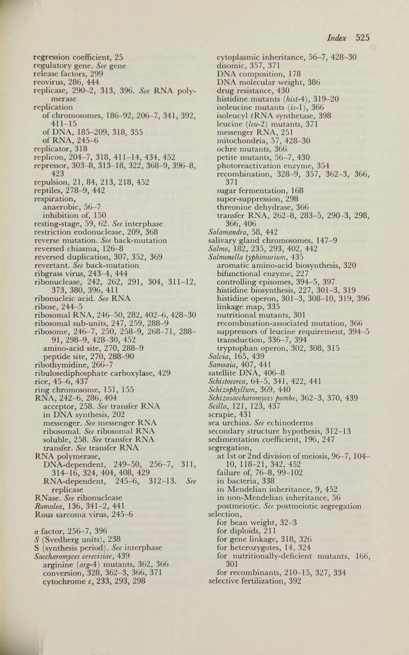 regression coefficient, 25 regulatory gene. See gene release factors, 299 reovirus, 286, 444 replicase, 290-2, 313, 396. See RNA poly merase replication of chromosomes, 186-92, 206-7, 341, 392, 411-15 of DNA, 185-209, 318, 355 of RNA, 245-6 replicator, 318 replicon, 204-7, 318, 411-14, 434, 452 repressor, 303-8, 313-18, 322, 368-9, 396-8, 423 repulsion, 21, 84, 213, 218, 452 reptiles, 278-9, 442 respiration, anaerobic, 56-7 inhibition of, 150 resting-stage, 59, 62. See interphase restriction endonuclease, 209, 368 reverse mutation. See back-mutation reversed chiasma, 126-8 reversed duplication, 307, 352, 369 revertant. See back-mutation ribgrass virus, 243-4, 444 ribonucléase, 242, 262, 291, 304, 311-12, 373, 380, 396, 411 ribonucleic acid. See RNA ribose, 244-5 ribosomal RNA, 246-50, 282, 402-6, 428-30 ribosomal sub-units, 247, 259, 288-9 ribosome, 246-7, 250, 258-9, 268-71, 288- 91, 298-9, 428-30, 452 amino-acid site, 270, 288-9 peptide site, 270, 288-90 ribothymidine, 266-7 ribulosediphosphate carboxylase, 429 rice, 45-6, 437 ring chromosome, 151, 155 RNA, 242-6, 286, 404 acceptor, 258. See transfer RNA in DNA synthesis, 202 messenger. See messenger RNA ribosomal. See ribosomal RNA soluble, 258. See transfer RNA transfer. See transfer RNA RNA polymerase, DNA-dependent, 249-50, 256-7, 311, 314-16, 324, 404, 408, 429 RNA-dependent, 245-6, 312-13. See replicase RNase. See ribonucléase Romalea, 136, 341-2, 441 Rous sarcoma virus, 245-6 a factor, 256-7, 396 S (Svedberg units), 238 S (synthesis period). See interphase Saccharomyces cerevisiae, 439 arginine {arg- 4) mutants, 362, 366 conversion, 328, 362-3, 366, 371 cytochrome c, 233, 293, 298 cytoplasmic inheritance, 56-7, 428-30 disomie, 357, 371 DNA composition, 178 DNA molecular weight, 386 drug resistance, 430 histidine mutants {hist- 4), 319-20 isoleucine mutants (¿r-l), 366 isoleucyl ¿RNA synthetase, 398 leucine {leu-2) mutants, 371 messenger RNA, 251 mitochondria, 57, 428-30 ochre mutants, 366 petite mutants, 56-7, 430 photoreactivation enzyme, 354 recombination, 328-9, 357, 362-3, 366, 371 sugar fermentation, 168 super-suppression, 298 threonine dehydrase, 366 transfer RNA, 262-8, 283-5, 290-3, 298, 366, 406 Salamandra, 58, 442 salivary gland chromosomes, 147-9 Salmo, 182, 235, 293, 402, 442 Salmonella typhimurium, 435 aromatic amino-acid biosynthesis, 320 bifunctional enzyme, 227 controlling episomes, 394-5, 397 histidine biosynthesis, 227, 301-3, 319 histidine operon, 301-3, 308-10, 319, 396 linkage map, 335 nutritional mutants, 301 recombination-associated mutation, 366 suppressors of leucine requirement, 394-5 transduction, 336-7, 394 tryptophan operon, 302, 308, 315 Salvia, 165, 439 Samoaia, 407, 441 satellite DNA, 406-8 Schistocerca, 64-5, 341, 422, 441 Schizophyllum, 369, 440 Schizosaccharomyces pombe, 362-3, 370, 439 Scilla, 121, 123, 437 scrapie, 431 sea urchins. See echinoderms secondary structure hypothesis, 312-13 sedimentation coefficient, 196, 247 segregation, at 1st or 2nd division of meiosis, 96-7, 104— 10, 118-21, 342, 452 failure of, 76-8, 99—102 in bacteria, 338 in Mendelian inheritance, 9, 452 in non-Mendelian inheritance, 56 postmeiotic. See postmeiotic segregation selection, for bean weight, 32-3 for diploids, 211 for gene linkage, 318, 326 for heterozygotes, 14, 324 for nutritionally-deficient mutants, 166, 301 for recombinants, 210-15, 327, 334 selective fertilization, 392