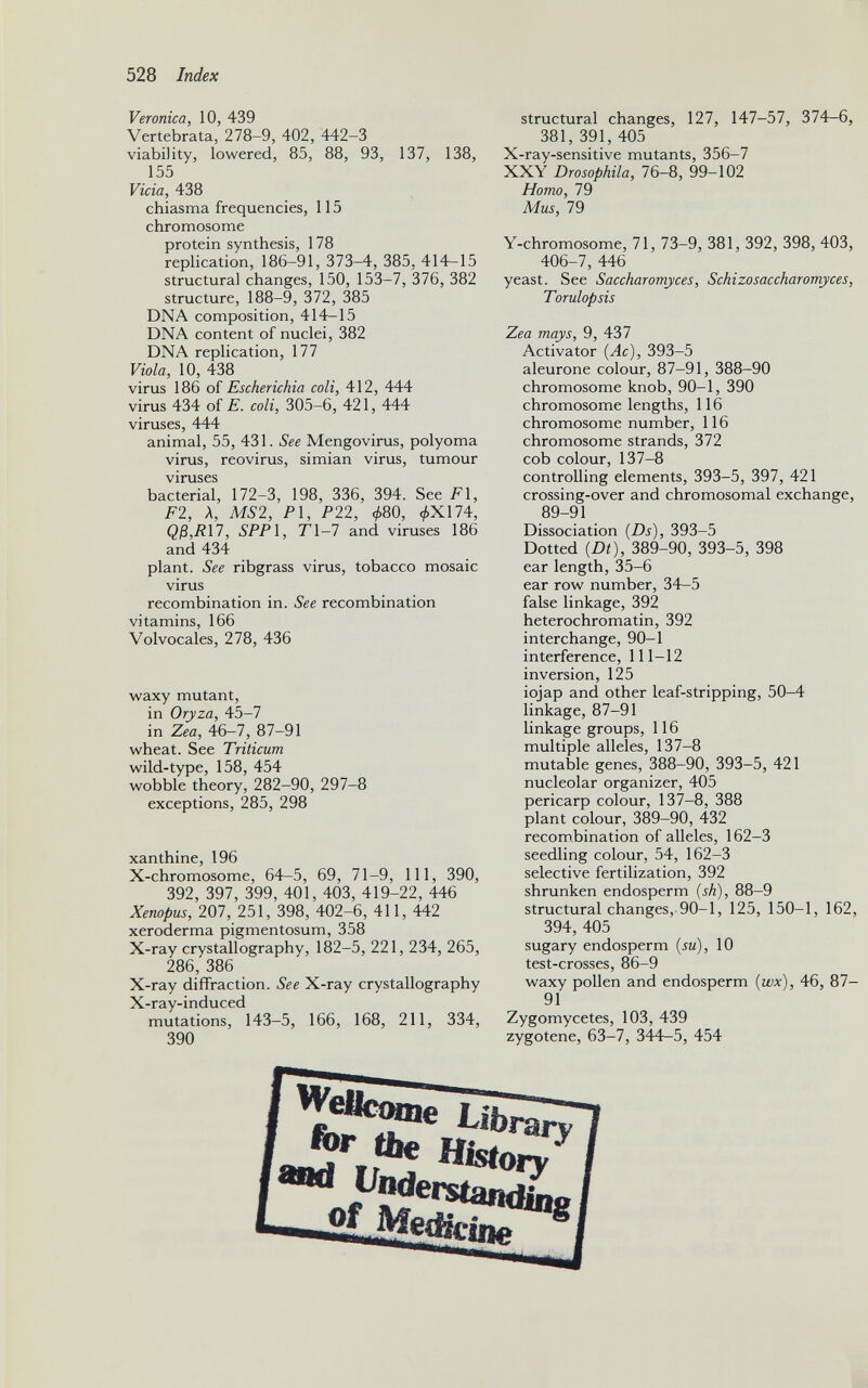Veronica, 10, 439 Vertebrata, 278-9, 402, 442-3 viability, lowered, 85, 88, 93, 137, 138, 155 Vicia, 438 chiasma frequencies, 115 chromosome protein synthesis, 178 replication, 186-91, 373-4, 385, 414-15 structural changes, 150, 153-7, 376, 382 structure, 188-9, 372, 385 DNA composition, 414-15 DNA content of nuclei, 382 DNA replication, 177 Viola, 10, 438 virus 186 of Escherichia coli, 412, 444 virus 434 of E. coli, 305-6, 421, 444 viruses, 444 animal, 55, 431. See Mengovirus, polyoma virus, reovirus, simian virus, tumour viruses bacterial, 172-3, 198, 336, 394. See FI, F2, A, MS 2, FI, F22, 080, <£X174, Qf3,R17, SPP 1, Fl-7 and viruses 186 and 434 plant. See ribgrass virus, tobacco mosaic virus recombination in. See recombination vitamins, 166 Volvocales, 278, 436 waxy mutant, in Oryza, 45-7 in Zea, 46-7, 87-91 wheat. See Triticum wild-type, 158, 454 wobble theory, 282-90, 297-8 exceptions, 285, 298 xanthine, 196 X-chromosome, 64-5, 69, 71-9, 111, 390, 392, 397, 399, 401, 403, 419-22, 446 Xenopus, 207, 251, 398, 402-6, 411, 442 xeroderma pigmentosum, 358 X-ray crystallography, 182—5, 221, 234, 265, 286, 386 X-ray diffraction. See X-ray crystallography X-ray-induced mutations, 143-5, 166, 168, 211, 334, 390 structural changes, 127, 147-57, 374-6, 381, 391, 405 X-ray-sensitive mutants, 356-7 XXY Drosophila, 76-8, 99-102 Homo, 79 Mus, 79 Y-chromosome, 71, 73-9, 381, 392, 398, 403, 406-7, 446 yeast. See Saccharomyces, Schizosaccharomyces, Torulopsis Zea mays, 9, 437 Activator (Ac), 393-5 aleurone colour, 87-91, 388-90 chromosome knob, 90-1, 390 chromosome lengths, 116 chromosome number, 116 chromosome strands, 372 cob colour, 137-8 controlling elements, 393-5, 397, 421 crossing-over and chromosomal exchange, 89-91 Dissociation (Ds), 393-5 Dotted ( Dt), 389-90, 393-5, 398 ear length, 35-6 ear row number, 34-5 false linkage, 392 heterochromatin, 392 interchange, 90-1 interference, 111-12 inversion, 125 iojap and other leaf-stripping, 50-4 linkage, 87-91 linkage groups, 116 multiple alleles, 137-8 mutable genes, 388-90, 393-5, 421 nucleolar organizer, 405 pericarp colour, 137-8, 388 plant colour, 389-90, 432 recombination of alleles, 162-3 seedling colour, 54, 162-3 selective fertilization, 392 shrunken endosperm (sh), 88-9 structural changes, 90-1, 125, 150-1, 162, 394, 405 sugary endosperm (su), 10 test-crosses, 86-9 waxy pollen and endosperm (wx), 46, 87- 91 Zygomycetes, 103, 439 zygotene, 63-7, 344-5, 454 for the Misto ary ry gf Medicine 8