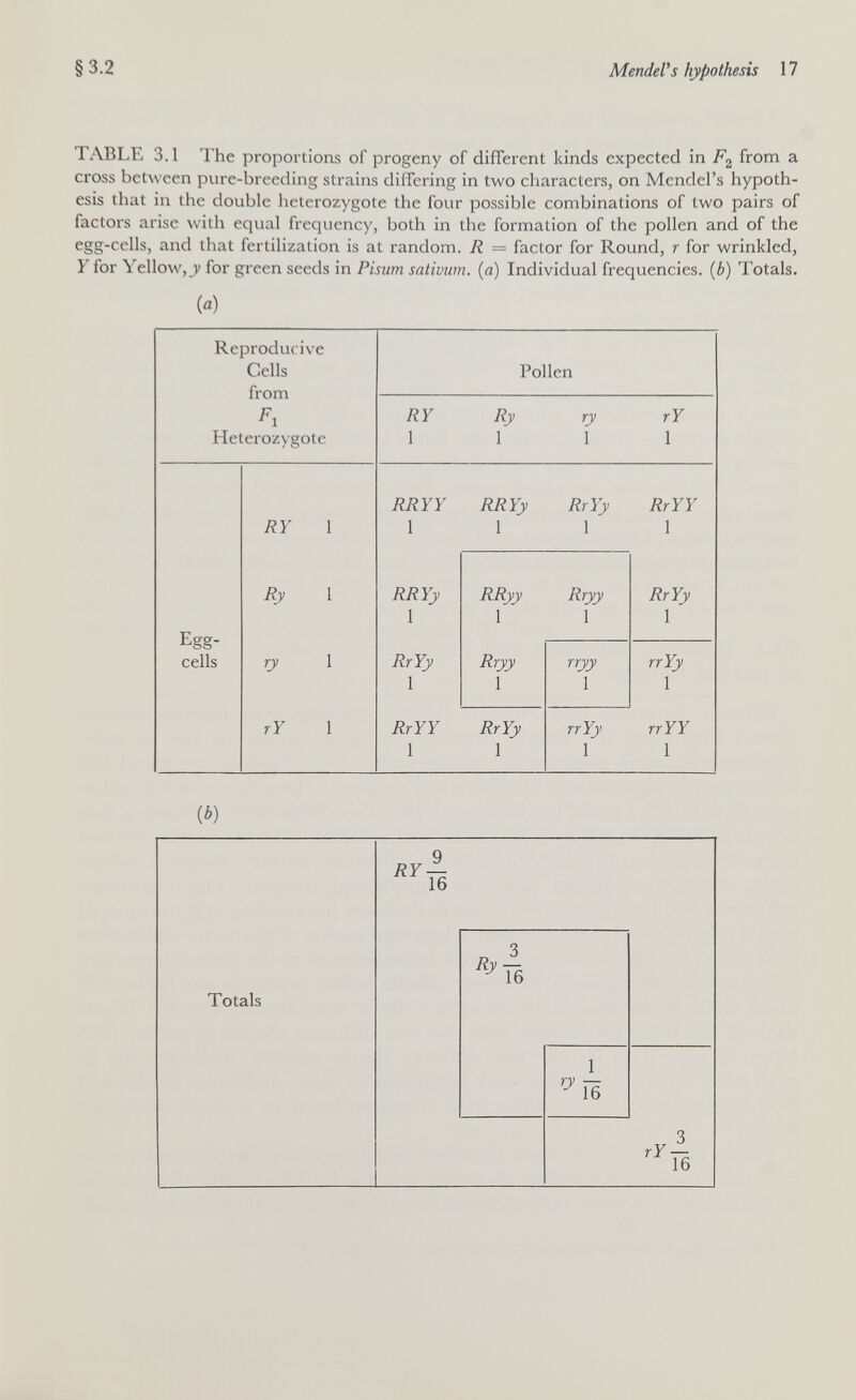 §3.2 MendeVs hypothesis 17 TABLE 3.1 The proportions of progeny of different kinds expected in F2 from a cross between pure-breeding strains differing in two characters, on Mendel's hypoth¬ esis that in the double heterozygote the four possible combinations of two pairs of factors arise with equal frequency, both in the formation of the pollen and of the egg-cells, and that fertilization is at random. R = factor for Round, r for wrinkled, Y for Yellow,^ for green seeds in Pisum sativum, (a) Individual frequencies, (b) Totals. («) ib)