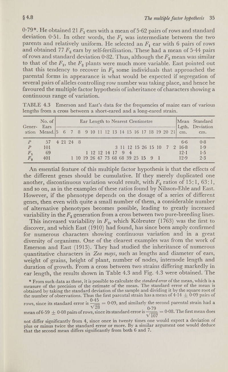 §4.8 The multiple factor hypothesis 35 0*79*. He obtained 21 ears with a mean of 5-62 pairs of rows and standard deviation 0-51. In other words, the was intermediate between the two parents and relatively uniform. He selected an F^ ear with 6 pairs of rows and obtained 77 F^ ears by self-fertilisation. These had a mean of 5-44 pairs of rows and standard deviation 0-82. Thus, although thei^g iriean was similar to that of the F^, the F.¿ plants were much more variable. East pointed out that this tendency to recover in Fg some individuals that approached the parental forms in appearance is what would be expected if segregation of several pairs of alleles controlling row number was taking place, and hence he favoured the multiple factor hypothesis of inheritance of characters showing a continuous range of variation. TABLE 4.3 Emerson and East's data for the frequencies of maize ears of various lengths from a cross between a short-eared and a long-eared strain. An essential feature of this multiple factor hypothesis is that the effects of the different genes should be cumulative. If they merely duplicated one another, discontinuous variation would result, with Fg ratios of 15:1, 63 ; 1, and so on, as in the examples of these ratios found by Nilsson-Ehle and East. However, if the phenotype depends on the dosage of a series of different genes, then even with quite a small number of them, a considerable number of alternative phenotypes becomes possible, leading to greatly increased variability in the F^ generation from a cross between two pure-breeding lines. This increased variability in which Kölreuter (1763) was the first to discover, and which East (1910) had found, has since been amply confirmed for numerous characters showing continuous variation and in a great diversity of organisms. One of the clearest examples was from the work of Emerson and East (1913). They had studied the inheritance of numerous quantitative characters in Zea mays, such as lengths and diameter of ears, weight of grains, height of plant, number of nodes, internode length and duration of growth. From a cross between two strains differing markedly in ear length, the results shown in Table 4.3 and Fig. 4.3 were obtained. The * From such data as these, it is possible to calculate the standard error of the mean, which is a measure of the precision of the estimate of the mean. The standard error of the mean is obtained by taking the standard deviation of the sample and dividing it by the square root of the number of observations. Thus the first parental strain has a mean of 4-14 ± 0-09 pairs of 0*45 rows, since its standard error is = 0-09, and similarly the second parental strain had a V28 0-79 mean of 6-59 ± 0-08 pairs of rows, since its standard error is = 0-08. The first mean does not diflfer significantly from 4, since once in twenty times one would expect a deviation of plus or minus twice the standard error or more. By a similar argument one would deduce that the second mean differs significantly from both 6 and 7.