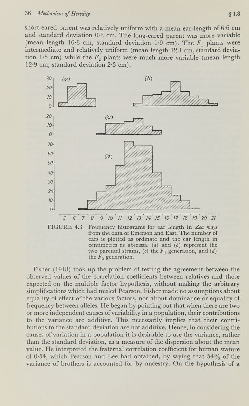 36 Mechanism of Heredity §4.8 short-eared parent was relatively uniform with a mean ear-length of 6-6 cm and standard deviation 0-8 cm. The long-eared parent was more variable (mean length 16-8 cm, standard deviation 1-9 cm). The Fj plants were intermediate and relatively uniform (mean length 12.1 cm, standard devia¬ tion 1-5 cm) while the plants were much more variable (mean length 12-9 cm, standard deviation 2*3 cm). 5 6 7 8 9 Ю 11 12 13 Í4 15 16 17 18 19 20 21 FIGURE 4.3 Frequency histograms for ear length in Zea mays from the data of Emerson and East. The number of ears is plotted as ordinate and the ear length in centimetres as abscissa, (a) and {b) represent the two parental strains, [c] the generation, and [d) the F2 generation. Fisher (1918) took up the problem of testing the agreement between the observed values of the correlation coefficients between relatives and those expected on the multiple factor hypothesis, without making the arbitrary simplifications which had misled Pearson. Fisher made no assumptions about equality of effect of the various factors, nor about dominance or equality of frequency between alleles. He began by pointing out that when there are two or more independent causes of variability in a population, their contributions to the variance are additive. This necessarily implies that their contri¬ butions to the standard deviation are not additive. Hence, in considering the causes of variation in a population it is desirable to use the variance, rather than the standard deviation, as a measure of the dispersion about the mean value. He interpreted the fraternal correlation coefficient for human stature of 0-54, which Pearson and Lee had obtained, by saying that 54% of the variance of brothers is accounted for by ancestry. On the hypothesis of a