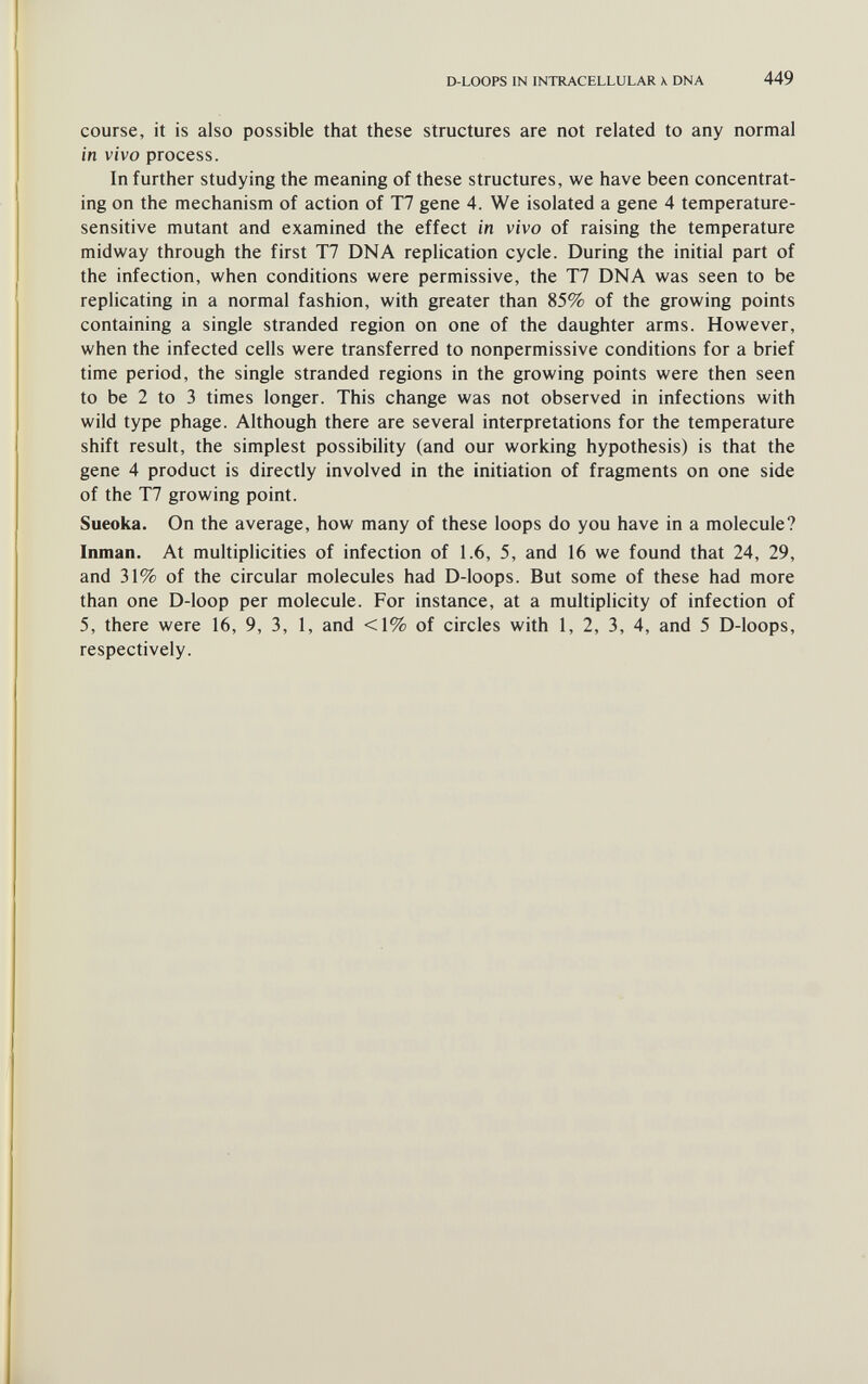 D-LOOPS IN INTRACELLULAR \ DNA 449 course, it is also possible that these structures are not related to any normal in vivo process. In further studying the meaning of these structures, we have been concentrat¬ ing on the mechanism of action of T7 gene 4. We isolated a gene 4 temperature- sensitive mutant and examined the effect in vivo of raising the temperature midway through the first T7 DNA replication cycle. During the initial part of the infection, when conditions were permissive, the T7 DNA was seen to be replicating in a normal fashion, with greater than 85% of the growing points containing a single stranded region on one of the daughter arms. However, when the infected cells were transferred to nonpermissive conditions for a brief time period, the single stranded regions in the growing points were then seen to be 2 to 3 times longer. This change was not observed in infections with wild type phage. Although there are several interpretations for the temperature shift result, the simplest possibility (and our working hypothesis) is that the gene 4 product is directly involved in the initiation of fragments on one side of the T7 growing point. Sueoka. On the average, how many of these loops do you have in a molecule? Inman. At multiplicities of infection of 1.6, 5, and 16 we found that 24, 29, and 31% of the circular molecules had D-loops. But some of these had more than one D-loop per molecule. For instance, at a muhiplicity of infection of 5, there were 16, 9, 3, 1, and <1% of circles with 1, 2, 3, 4, and 5 D-loops, respectively.