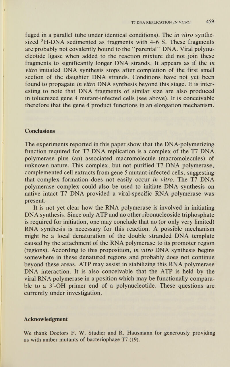 Т7 DNA REPLICATION IN VITRO 459 fuged in a parallel tube under identical conditions). The in vitro synthe¬ sized ^H-DNA sedimented as fragments with 4-6 S. These fragments are probably not covalently bound to the parental DNA. Viral polynu¬ cleotide ligase when added to the reaction mixture did not join these fragments to significantly longer DNA strands. It appears as if the in vitro initiated DNA synthesis stops after completion of the first small section of the daughter DNA strands. Conditions have not yet been found to propagate in vitro DNA synthesis beyond this stage. It is inter¬ esting to note that DNA fragments of similar size are also produced in toluenized gene 4 mutant-infected cells (see above). It is conceivable therefore that the gene 4 product functions in an elongation mechanism. Conclusions The experiments reported in this paper show that the DNA-polymerizing function required for T7 DNA replication is a complex of the T7 DNA polymerase plus (an) associated macromolecule (macromolecules) of unknown nature. This complex, but not purified T7 DNA polymerase, complemented cell extracts from gene 5 mutant-infected cells, suggesting that complex formation does not easily occur in vitro. The T7 DNA polymerase complex could also be used to initiate DNA synthesis on native intact T7 DNA provided a viral-specific RNA polymerase was present. It is not yet clear how the RNA polymerase is involved in initiating DNA synthesis. Since only ATP and no other ribonucleoside triphosphate is required for initiation, one may conclude that no (or only very limited) RNA synthesis is necessary for this reaction. A possible mechanism might be a local denaturation of the double stranded DNA template caused by the attachment of the RNA polymerase to its promoter region (regions). According to this proposition, in vitro DNA synthesis begins somewhere in these denatured regions and probably does not continue beyond these areas. ATP may assist in stabilizing this RNA polymerase DNA interaction. It is also conceivable that the ATP is held by the viral RNA polymerase in a position which may be functionally compara¬ ble to a 3'-0H primer end of a polynucleotide. These questions are currently under investigation. Acknowledgment We thank Doctors F. W. Studier and R. Hausmann for generously providing us with amber mutants of bacteriophage T7 (19).