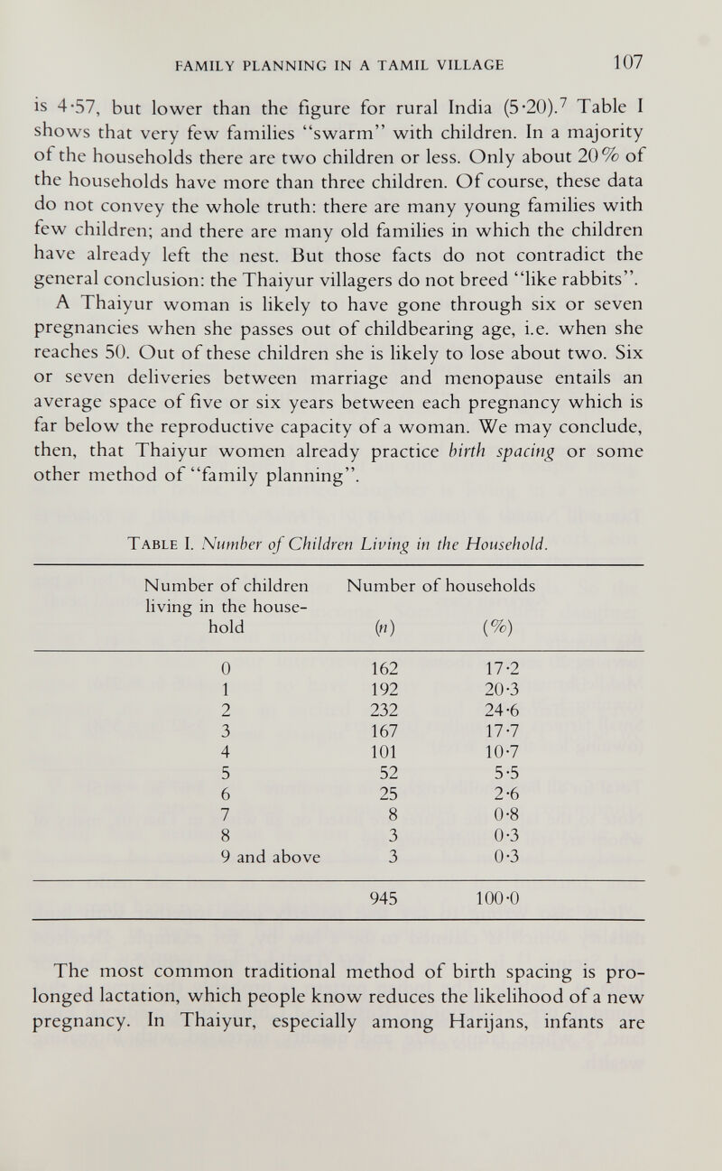 family planning in a tamil village 107 is 4*57, but lower than the figure for rural India (5*20).^ Table I shows that very few famihes swarm with children. In a majority of the households there are two children or less. Only about 20% of the households have more than three children. Of course, these data do not convey the whole truth: there are many young families with few children; and there are many old families in which the children have already left the nest. But those facts do not contradict the general conclusion: the Thaiyur villagers do not breed like rabbits. A Thaiyur woman is likely to have gone through six or seven pregnancies when she passes out of childbearing age, i.e. when she reaches 50. Out of these children she is likely to lose about two. Six or seven deliveries between marriage and menopause entails an average space of five or six years between each pregnancy which is far below the reproductive capacity of a woman. We may conclude, then, that Thaiyur women already practice birth spacing or some other method of family planning. Table 1. Number of Children Living in the Household. Number of children Number of households living in the house- The most common traditional method of birth spacing is pro¬ longed lactation, which people know reduces the likelihood of a new pregnancy. In Thaiyur, especially among Harijans, infants are