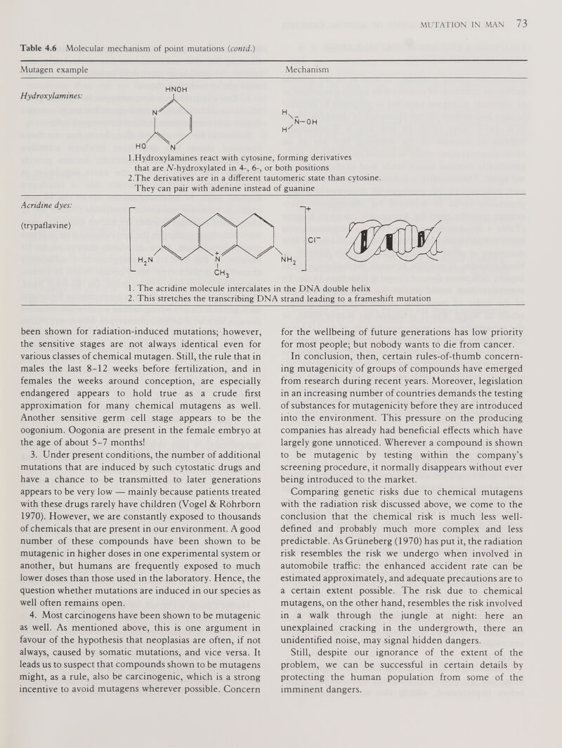 Table 4.6 Molecular mechanism of point mutations ( contd .) Mutagen example Mechanism Hydroxylamines: Acridine dyes: (trypaflavine) HNOH 1. Hydroxylamines react with cytosine, forming derivatives that are iV-hydroxylated in 4-, 6-, or both positions 2. The derivatives are in a different tautomeric state than cytosine. They can pair with adenine instead of guanine 1. The acridine molecule intercalates in the DNA double helix 2. This stretches the transcribing DNA strand leading to a frameshift mutation been shown for radiation-induced mutations; however, the sensitive stages are not always identical even for various classes of chemical mutagen. Still, the rule that in males the last 8-12 weeks before fertilization, and in females the weeks around conception, are especially endangered appears to hold true as a crude first approximation for many chemical mutagens as well. Another sensitive germ cell stage appears to be the oogonium. Oogonia are present in the female embryo at the age of about 5-7 months! 3. Under present conditions, the number of additional mutations that are induced by such cytostatic drugs and have a chance to be transmitted to later generations appears to be very low — mainly because patients treated with these drugs rarely have children (Vogel & Rohrborn 1970). However, we are constantly exposed to thousands of chemicals that are present in our environment. A good number of these compounds have been shown to be mutagenic in higher doses in one experimental system or another, but humans are frequently exposed to much lower doses than those used in the laboratory. Hence, the question whether mutations are induced in our species as well often remains open. 4. Most carcinogens have been shown to be mutagenic as well. As mentioned above, this is one argument in favour of the hypothesis that neoplasias are often, if not always, caused by somatic mutations, and vice versa. It leads us to suspect that compounds shown to be mutagens might, as a rule, also be carcinogenic, which is a strong incentive to avoid mutagens wherever possible. Concern for the wellbeing of future generations has low priority for most people; but nobody wants to die from cancer. In conclusion, then, certain rules-of-thumb concern ing mutagenicity of groups of compounds have emerged from research during recent years. Moreover, legislation in an increasing number of countries demands the testing of substances for mutagenicity before they are introduced into the environment. This pressure on the producing companies has already had beneficial effects which have largely gone unnoticed. Wherever a compound is shown to be mutagenic by testing within the company’s screening procedure, it normally disappears without ever being introduced to the market. Comparing genetic risks due to chemical mutagens with the radiation risk discussed above, we come to the conclusion that the chemical risk is much less well- defined and probably much more complex and less predictable. As Griineberg (1970) has put it, the radiation risk resembles the risk we undergo when involved in automobile traffic: the enhanced accident rate can be estimated approximately, and adequate precautions are to a certain extent possible. The risk due to chemical mutagens, on the other hand, resembles the risk involved in a walk through the jungle at night: here an unexplained cracking in the undergrowth, there an unidentified noise, may signal hidden dangers. Still, despite our ignorance of the extent of the problem, we can be successful in certain details by protecting the human population from some of the imminent dangers.