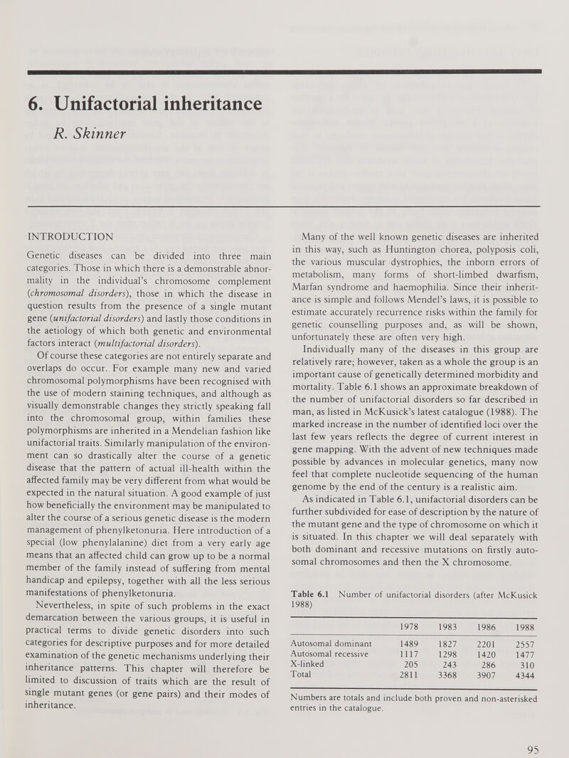 6. Unifactorial inheritance R. Skinner INTRODUCTION Genetic diseases can be divided into three main categories. Those in which there is a demonstrable abnor mality in the individual’s chromosome complement (i chromosomal disorders), those in which the disease in question results from the presence of a single mutant gene ( unifactorial disorders ) and lastly those conditions in the aetiology of which both genetic and environmental factors interact ( multifactorial disorders). Of course these categories are not entirely separate and overlaps do occur. For example many new and varied chromosomal polymorphisms have been recognised with the use of modern staining techniques, and although as visually demonstrable changes they strictly speaking fall into the chromosomal group, within families these polymorphisms are inherited in a Mendelian fashion like unifactorial traits. Similarly manipulation of the environ ment can so drastically alter the course of a genetic disease that the pattern of actual ill-health within the affected family may be very different from what would be expected in the natural situation. A good example of just how beneficially the environment may be manipulated to alter the course of a serious genetic disease is the modern management of phenylketonuria. Here introduction of a special (low phenylalanine) diet from a very early age means that an affected child can grow up to be a normal member of the family instead of suffering from mental handicap and epilepsy, together with all the less serious manifestations of phenylketonuria. Nevertheless, in spite of such problems in the exact demarcation between the various groups, it is useful in practical terms to divide genetic disorders into such categories for descriptive purposes and for more detailed examination of the genetic mechanisms underlying their inheritance patterns. This chapter will therefore be limited to discussion of traits which are the result of single mutant genes (or gene pairs) and their modes of inheritance. Many of the well known genetic diseases are inherited in this way, such as Huntington chorea, polyposis coli, the various muscular dystrophies, the inborn errors of metabolism, many forms of short-limbed dwarfism, Marfan syndrome and haemophilia. Since their inherit ance is simple and follows Mendel’s laws, it is possible to estimate accurately recurrence risks within the family for genetic counselling purposes and, as will be shown, unfortunately these are often very high. Individually many of the diseases in this group are relatively rare; however, taken as a whole the group is an important cause of genetically determined morbidity and mortality. Table 6.1 shows an approximate breakdown of the number of unifactorial disorders so far described in man, as listed in McKusick’s latest catalogue (1988). The marked increase in the number of identified loci over the last few years reflects the degree of current interest in gene mapping. With the advent of new techniques made possible by advances in molecular genetics, many now feel that complete nucleotide sequencing of the human genome by the end of the century is a realistic aim. As indicated in Table 6.1, unifactorial disorders can be further subdivided for ease of description by the nature of the mutant gene and the type of chromosome on which it is situated. In this chapter we will deal separately with both dominant and recessive mutations on firstly auto somal chromosomes and then the X chromosome. Table 6.1 Number of unifactorial disorders (after McKusick 1988) 1978 1983 1986 1988 Autosomal dominant 1489 1827 2201 2557 Autosomal recessive 1117 1298 1420 1477 X-linked 205 243 286 310 Total 2811 3368 3907 4344 Numbers are totals and include both proven and non-asterisked entries in the catalogue.