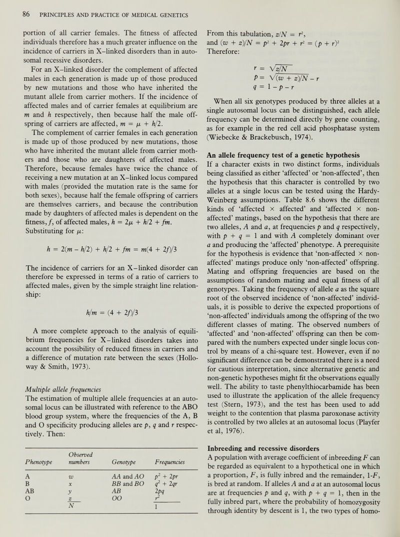 portion of all carrier females. The fitness of affected individuals therefore has a much greater influence on the incidence of carriers in X-linked disorders than in auto somal recessive disorders. For an X-linked disorder the complement of affected males in each generation is made up of those produced by new mutations and those who have inherited the mutant allele from carrier mothers. If the incidence of affected males and of carrier females at equilibrium are m and h respectively, then because half the male off spring of carriers are affected, m = pt + h/2. The complement of carrier females in each generation is made up of those produced by new mutations, those who have inherited the mutant allele from carrier moth ers and those who are daughters of affected males. Therefore, because females have twice the chance of receiving a new mutation at an X-linked locus compared with males (provided the mutation rate is the same for both sexes), because half the female offspring of carriers are themselves carriers, and because the contribution made by daughters of affected males is dependent on the fitness,/, of affected males, h = 2/a + h/2 + fm. Substituting for ix: h = 2 (m - h/2) + h/2 + fm = m{4 + 2/)/3 The incidence of carriers for an X-linked disorder can therefore be expressed in terms of a ratio of carriers to affected males, given by the simple straight line relation ship: h/m = (4 + 2/)/3 A more complete approach to the analysis of equili brium frequencies for X-linked disorders takes into account the possibility of reduced fitness in carriers and a difference of mutation rate between the sexes (Hollo way & Smith, 1973). Multiple allele frequencies The estimation of multiple allele frequencies at an auto somal locus can be illustrated with reference to the ABO blood group system, where the frequencies of the A, B and O specificity producing alleles are p, q and r respec tively. Then: Phenotype Observed numbers Genotype Frequencies A w AA and AO p 2 + 2 pr B X BB and BO q 2 + 2 qr AB y AB ipq O z OO r 2 N 1 From this tabulation, z/N = r 2 , and (w + z)/N = p 2 + 2pr + r 2 = (p + r) 2 Therefore: r = VJ/N P = V(zc + z)/N - r q = i - p - r When all six genotypes produced by three alleles at a single autosomal locus can be distinguished, each allele frequency can be determined directly by gene counting, as for example in the red cell acid phosphatase system (Wiebecke & Brackebusch, 1974). An allele frequency test of a genetic hypothesis If a character exists in two distinct forms, individuals being classified as either ‘affected’ or ‘non-affected’, then the hypothesis that this character is controlled by two alleles at a single locus can be tested using the Hardy- Weinberg assumptions. Table 8.6 shows the different kinds of ‘affected x affected’ and ‘affected x non- affected’ matings, based on the hypothesis that there are two alleles, A and a, at frequencies p and q respectively, with p + q = 1 and with A completely dominant over a and producing the ‘affected’ phenotype. A prerequisite for the hypothesis is evidence that ‘non-affected x non- affected’ matings produce only ‘non-affected’ offspring. Mating and offspring frequencies are based on the assumptions of random mating and equal fitness of all genotypes. Taking the frequency of allele a as the square root of the observed incidence of ‘non-affected’ individ uals, it is possible to derive the expected proportions of ‘non-affected’ individuals among the offspring of the two different classes of mating. The observed numbers of ‘affected’ and ‘non-affected’ offspring can then be com pared with the numbers expected under single locus con trol by means of a chi-square test. However, even if no significant difference can be demonstrated there is a need for cautious interpretation, since alternative genetic and non-genetic hypotheses might fit the observations equally well. The ability to taste phenylthiocarbamide has been used to illustrate the application of the allele frequency test (Stern, 1973), and the test has been used to add weight to the contention that plasma paroxonase activity is controlled by two alleles at an autosomal locus (Playfer et al, 1976). Inbreeding and recessive disorders A population with average coefficient of inbreeding F can be regarded as equivalent to a hypothetical one in which a proportion, F, is fully inbred and the remainder, 1-F, is bred at random. If alleles A and a at an autosomal locus are at frequencies p and q, with p + q = 1, then in the fully inbred part, where the probability of homozygosity through identity by descent is 1, the two types of homo-
