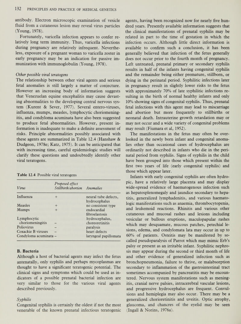 antibody. Electron microscopic examination of vesicle fluid from a cutaneous lesion may reveal virus particles (Young, 1978). Fortunately, varicella infection appears to confer re latively long term immunity. Thus, varicella infections during pregnancy are relatively infrequent. Neverthe less, exposure of a pregnant woman to varicella zoster in early pregnancy may be an indication for passive im munization with immunoglobulin (Young, 1978). Other possible viral teratogens The relationship between other viral agents and serious fetal anomalies is still largely a matter of conjecture. However an increasing body of information suggests that Venezuelan equine encephalitis may cause devast- ing abnormalities to the developing central nervous sys tem (Kurent & Sever, 1977). Several entero-viruses, influenza, mumps, measles, lymphocytic choriomening itis, and condyloma acuminata have also been suggested to produce fetal abnormalities. However, present in formation is inadequate to make a definite assessment of risks. Principle abnormalities possibly associated with these agents are summarized in Table 12.4 (Hanshaw & Dudgeon, 1978e; Katz, 1975). It can be anticipated that with increasing time, careful epidemiologic studies will clarify these questions and undoubtedly identify other viral teratogens. Table 12.4 Possible viral teratogens Virus Proposed effect Stillbirth/abortion Anomalies Influenza + neural tube defects, Measles + hydrocephalus no consistent type Mumps + endocardial Lymphocytic choriomeningitis fibroelastosis hydrocephalus, choreoretinitis Poliovirus - paralysis Coxackie B viruses - heart defects Condyloma acuminata - laryngeal papillomata B. Bacteria Although a host of bacterial agents may infect the fetus antenatally, only syphilis and perhaps mycoplasmas are thought to have a significant teratogenic potential. The clinical signs and symptoms which could be used as in dicators of a possible prenatal bacterial infection are very similar to those for the various viral agents described previously. Syphilis Congenital syphilis is certainly the oldest if not the most venerable of the known prenatal infectious teratogenic agents, having been recognized now for nearly five hun dred years. Presently available information suggests that the clinical manifestations of prenatal syphilis may be related in part to the time of gestation in which the infection occurs. Although little direct information is available to confirm such a conclusion, it has been generally believed that infection of the fetus generally does not occur prior to the fourth month of pregnancy. Left untreated, prenatal primary or secondary syphilis results in half of the infants having congenital syphilis and the remainder being either premature, stillborn, or dying in the perinatal period. Syphilitic infections later in pregnancy result in slightly lower risks to the fetus with approximately 70% of late syphilitic infections re sulting in the birth of normal healthy infants and only 10% showing signs of congenital syphilis. Thus, prenatal fetal infections with this agent may lead to miscarriage and abortion but more frequently to stillbirths or neonatal death. Intrauterine growth retardation may or may not occur and a wide variety of congenital problems may result (Fiumara et al, 1952). The manifestations in the fetus may often be over looked in the newly born infant and congenital anoma lies other than occasional cases of hydrocephalus are ordinarily not described in infants who die in the peri natal period from syphilis. Signs of syphilis in the child have been grouped into those which present within the first two years of fife (early congenital syphilis) and those which appear later. Infants with early congenital syphilis are often hydro pic, have a relatively large placenta and may display wide-spread evidence of haematogenous infection such as hepatosplenomegaly and jaundice secondary to hepa titis, generalized lymphadenitis, and various haemato- logic manifestations such as anaemia, thrombocytopenia, and leukemoid reactions. Rhinitis and various other cutaneous and mucosal rashes and lesions including vesicular or bullous eruptions, maculopapular rashes which may desquamate, mucous patches, petechial le sions, edema, and condylomata lata may occur in up to 60% of patients. Osteitis may be manifested by so- called pseudoparalysis of Parrot which may mimic Erb’s palsy or present as an irritable infant. Syphilitic nephro sis may appear during the second or third month of life and other evidence of generalized infection such as bronchopneumonia, failure to thrive, or malabsorption secondary to inflammation of the gastrointestinal tract sometimes accompanied by pancreatitis may be encoun tered. Nervous system manifestations such as mening itis, cranial nerve palsies, intracerebral vascular lesions, and progressive hydrocephalus are frequent. Convul sions and hemiplegia may also occur. There may be a generalized chorioretinitis and uveitis. Optic atrophy, glaucoma, and chancres of the eyelid may be seen (Ingall & Norins, 1976a).