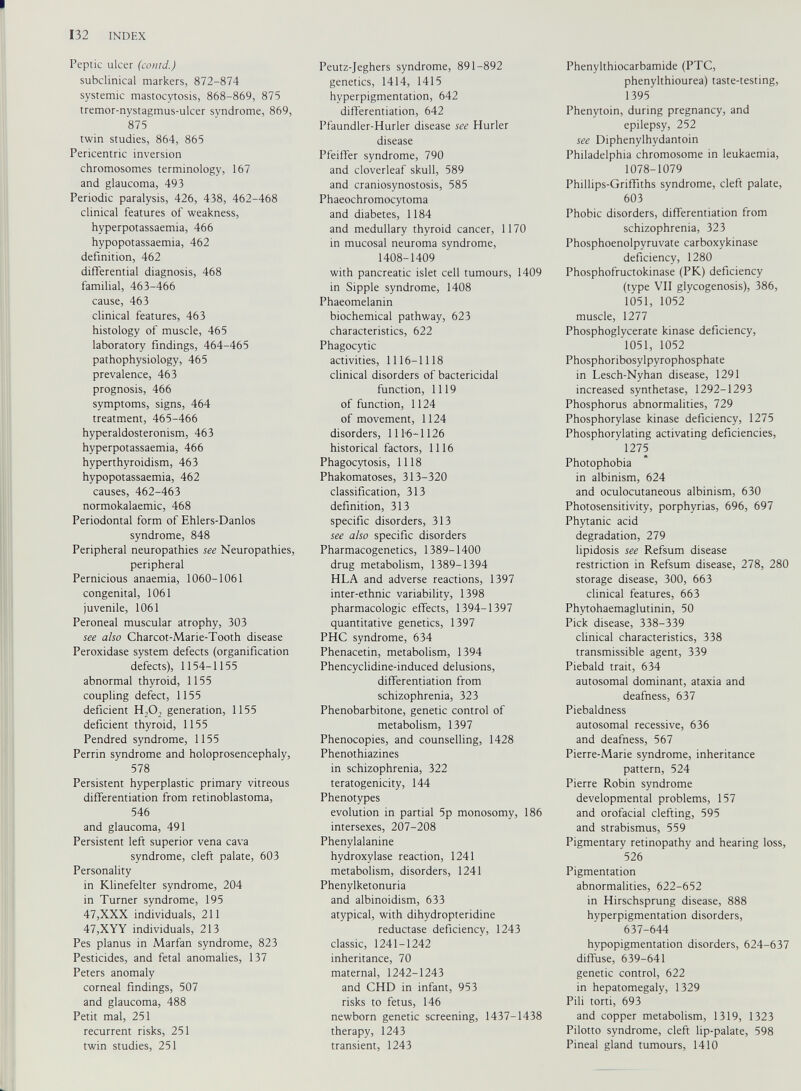 Peptic ulcer (conni.) subclinical markers, 872-874 systemic mastocytosis, 868-869, 875 tremor-nystagmus-ulcer syndrome, 869, 875 twin studies, 864, 865 Pericentric inversion chromosomes terminology, 167 and glaucoma, 493 Periodic paralysis, 426, 438, 462-468 clinical features of weakness, hyperpotassaemia, 466 hypopotassaemia, 462 definition, 462 differential diagnosis, 468 familial, 463-466 cause, 463 clinical features, 463 histology of muscle, 465 laboratory findings, 464-465 pathophysiology, 465 prevalence, 463 prognosis, 466 symptoms, signs, 464 treatment, 465-466 hyperaldosteronism, 463 hyperpotassaemia, 466 hyperthyroidism, 463 hypopotassaemia, 462 causes, 462-463 normokalaemic, 468 Periodontal form of Ehlers-Danlos syndrome, 848 Peripheral neuropathies see Neuropathies, peripheral Pernicious anaemia, 1060-1061 congenital, 1061 juvenile, 1061 Peroneal muscular atrophy, 303 see also Charcot-Marie-Tooth disease Peroxidase system defects (organification defects), 1154-1155 abnormal thyroid, 1155 coupling defect, 1155 deficient H,0, generation, 1155 deficient thyroid, 1155 Pendred syndrome, 1155 Perrin syndrome and holoprosencephaly, 578 Persistent hyperplastic primary vitreous differentiation from retinoblastoma, 546 and glaucoma, 491 Persistent left superior vena cava syndrome, cleft palate, 603 Personality in Klinefelter syndrome, 204 in Turner syndrome, 195 47,XXX individuals, 211 47,XYY individuals, 213 Pes planus in Marfan syndrome, 823 Pesticides, and fetal anomalies, 137 Peters anomaly corneal findings, 507 and glaucoma, 488 Petit mal, 251 recurrent risks, 251 twin studies, 251 Peutz-Jeghers syndrome, 891-892 genetics, 1414, 1415 hyperpigmentation, 642 differentiation, 642 Pfaundler-Hurler disease see Hurler disease Pfeiffer syndrome, 790 and cloverleaf skull, 589 and craniosynostosis, 585 Phaeochromocytoma and diabetes, 1184 and medullary thyroid cancer, 1170 in mucosal neuroma syndrome, 1408-1409 with pancreatic islet cell tumours, 1409 in Sipple syndrome, 1408 Phaeomelanin biochemical pathway, 623 characteristics, 622 Phagocytic activities, 1116-1118 clinical disorders of bactericidal function, 1119 of function, 1124 of movement, 1124 disorders, 111-6-1126 historical factors, 1116 Phagocytosis, 1118 Phakomatoses, 313-320 classification, 313 definition, 313 specific disorders, 313 see also specific disorders Pharmacogenetics, 1389-1400 drug metabolism, 1389-1394 HLA and adverse reactions, 1397 inter-ethnic variability, 1398 pharmacologic effects, 1394-1397 quantitative genetics, 1397 PHC syndrome, 634 Phenacetin, metabolism, 1394 Phencyclidine-induced delusions, differentiation from schizophrenia, 323 Phenobarbitone, genetic control of metabolism, 1397 Phenocopies, and counselling, 1428 Phenothiazines in schizophrenia, 322 teratogenicity, 144 Phenotypes evolution in partial 5p monosomy, 186 intersexes, 207-208 Phenylalanine hydroxylase reaction, 1241 metabolism, disorders, 1241 Phenylketonuria and albinoidism, 633 atypical, with dihydropteridine reductase deficiency, 1243 classic, 1241-1242 inheritance, 70 maternal, 1242-1243 and CHD in infant, 953 risks to fetus, 146 newborn genetic screening, 1437-1438 therapy, 1243 transient, 1243 Phenylthiocarbamide (PTC, phenylthiourea) taste-testing, 1395 Phenytoin, during pregnancy, and epilepsy, 252 see Diphenylhydantoin Philadelphia chromosome in leukaemia, 1078-1079 Phillips-Griffiths syndrome, cleft palate, 603 Phobic disorders, differentiation from schizophrenia, 323 Phosphoenolpyruvate carboxykinase deficiency, 1280 Phosphofructokinase (PK) deficiency (type VII glycogenosis), 386, 1051, 1052 muscle, 1277 Phosphoglycerate kinase deficiency, 1051, 1052 Phosphoribosylpyrophosphate in Lesch-Nyhan disease, 1291 increased synthetase, 1292-1293 Phosphorus abnormalities, 729 Phosphorylase kinase deficiency, 1275 Phosphorylating activating deficiencies, 1275 Photophobia in albinism, 624 and oculocutaneous albinism, 630 Photosensitivity, porphyrias, 696, 697 Phytanic acid degradation, 279 lipidosis see Refsum disease restriction in Refsum disease, 278, 280 storage disease, 300, 663 clinical features, 663 Phytohaemaglutinin, 50 Pick disease, 338-339 clinical characteristics, 338 transmissible agent, 339 Piebald trait, 634 autosomal dominant, ataxia and deafness, 637 Piebaldness autosomal recessive, 636 and deafness, 567 Pierre-Marie syndrome, inheritance pattern, 524 Pierre Robin syndrome developmental problems, 157 and orofacial clefting, 595 and strabismus, 559 Pigmentary retinopathy and hearing loss, 526 Pigmentation abnormalities, 622-652 in Hirschsprung disease, 888 hyperpigmentation disorders, 637-644 hypopigmentation disorders, 624-637 diffuse, 639-641 genetic control, 622 in hepatomegaly, 1329 Pili torti, 693 and copper metabolism, 1319, 1323 Pilotto syndrome, cleft lip-palate, 598 Pineal gland tumours, 1410