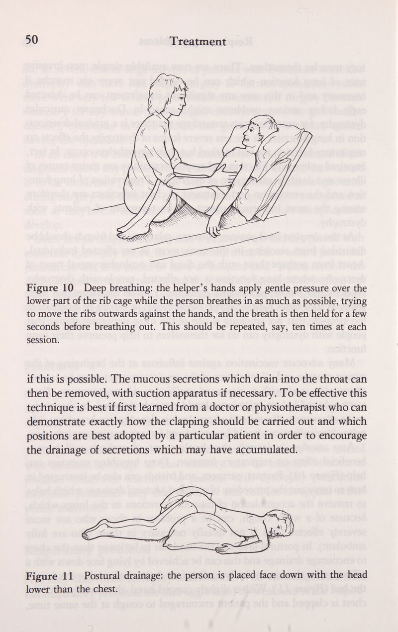 50 Treatment Figure 10 Deep breathing: the helper's hands apply gentle pressure over the lower part of the rib cage while the person breathes in as much as possible, trying to move the ribs outwards against the hands, and the breath is then held for a few seconds before breathing out. This should be repeated, say, ten times at each session. if this is possible. The mucous secretions which drain into the throat can then be removed, with suction apparatus if necessary. To be effective this technique is best if first learned from a doctor or physiotherapist who can demonstrate exactly how the clapping should be carried out and which positions are best adopted by a particular patient in order to encourage the drainage of secretions which may have accumulated. Figure 11 Postural drainage: the person is placed face down with the head lower than the chest.