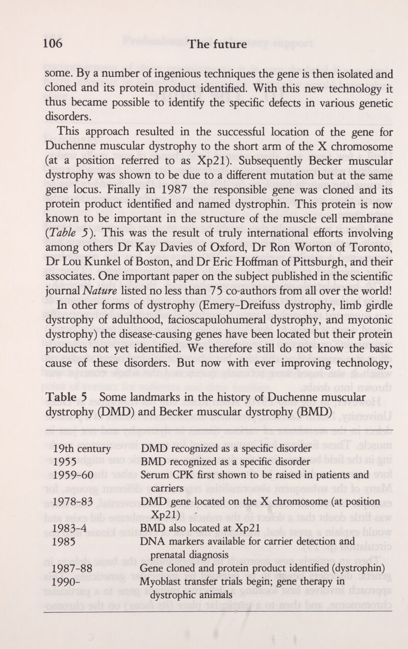106 The future some. By a number of ingenious techniques the gene is then isolated and cloned and its protein product identified. With this new technology it thus became possible to identify the specific defects in various genetic disorders. This approach resulted in the successful location of the gene for Duchenne muscular dystrophy to the short arm of the X chromosome (at a position referred to as Xp21). Subsequently Becker muscular dystrophy was shown to be due to a different mutation but at the same gene locus. Finally in 1987 the responsible gene was cloned and its protein product identified and named dystrophin. This protein is now known to be important in the structure of the muscle cell membrane (J'able 3). This was the result of truly international efforts involving among others Dr Kay Davies of Oxford, Dr Ron Worton of Toronto, Dr Lou Kunkel of Boston, and Dr Eric Hoffman of Pittsburgh, and their associates. One important paper on the subject published in the scientific )ouma\Nature listed no less than 75 co-authors from all over the world! In other forms of dystrophy (Emery-Dreifuss dystrophy, limb girdle dystrophy of adulthood, facioscapulohumeral dystrophy, and myotonic dystrophy) the disease-causing genes have been located but their protein products not yet identified. We therefore still do not know the basic cause of these disorders. But now with ever improving technology. Table 5 Some landmarks in the history of Duchenne muscular dystrophy (DMD) and Becker muscular dystrophy (BMD) I ,
