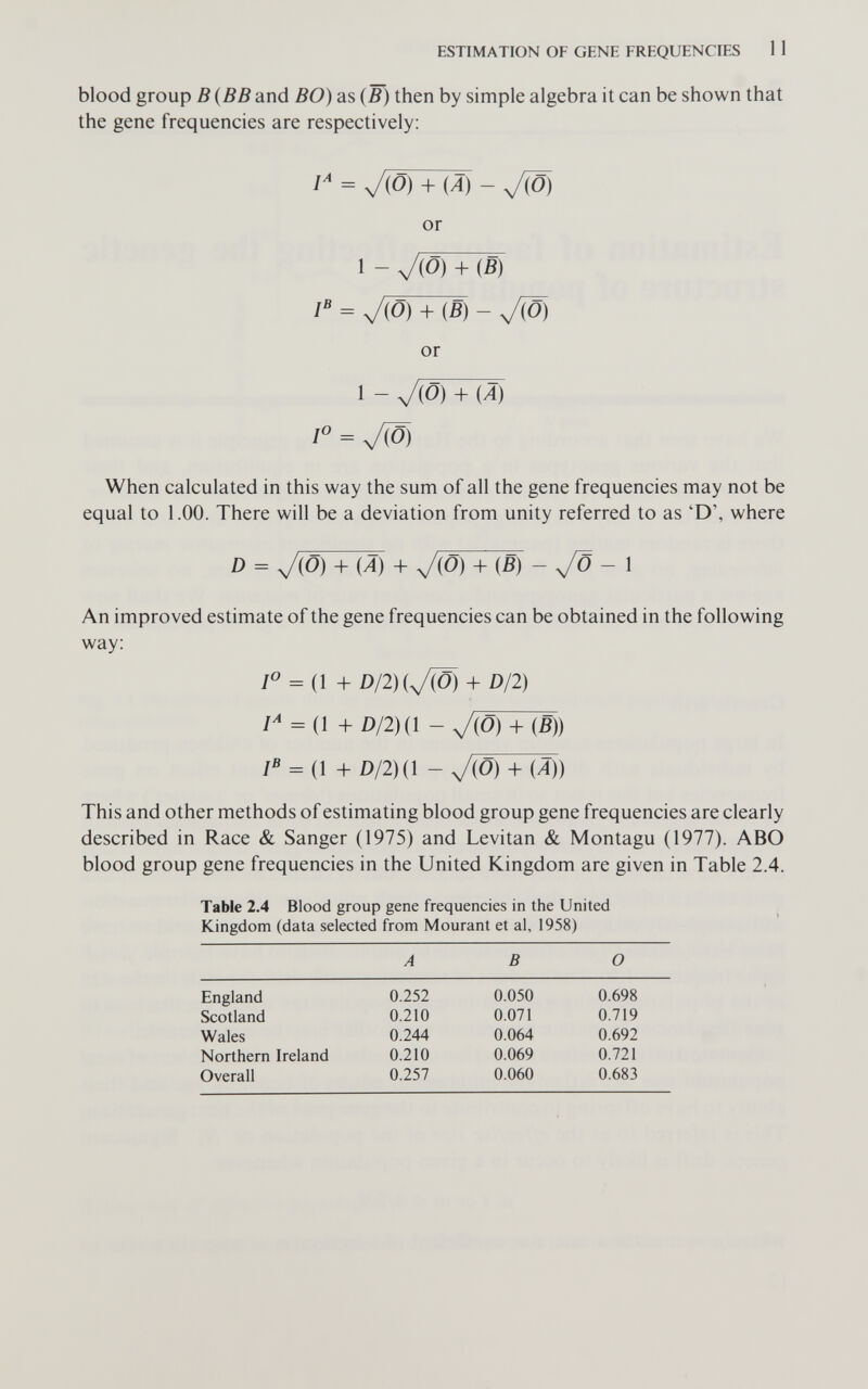 ESTIMATION OF GENE FREQUENCIES 11 blood group В {ВВ and ВО) as {В) then by simple algebra it can be shown that the gene frequencies are respectively: / = vWTH) - or 1 - V(ö) + (В) = V(ö) + (В) - У(0) or 1 - V(ö) + (^) / = 7(5) When calculated in this way the sum of all the gene frequencies may not be equal to 1.00. There will be a deviation from unity referred to as 'D', where о = л/(0) + (Ä) + V(Ö) + (Я) - yö - 1 An improved estimate of the gene frequencies can be obtained in the following way: /О = (1 + ß/2)(v® + 0/2) / = (1 + D/2)(l - V(Ö) + (ß)) /» = (1 + 0/2)(1 - V(Ö) + (1)) This and other methods of estimating blood group gene frequencies are clearly described in Race & Sanger (1975) and Levitan & Montagu (1977). ABO blood group gene frequencies in the United Kingdom are given in Table 2.4. Table 2.4 Blood group gene frequencies in the United Kingdom (data selected from Mourant et al, 1958)