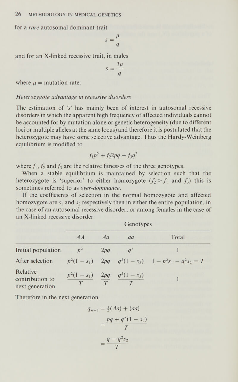 26 METHODOLOGY IN MEDICAL GENETICS for a rare autosomal dominant trait И s = — Ч and for an X-linked recessive trait, in males 3/i s = — q where ¡л = mutation rate. Heterozygote advantage in recessive disorders The estimation of '5' has mainly been of interest in autosomal recessive disorders in which the apparent high frequency of affected individuals cannot be accounted for by mutation alone or genetic heterogeneity (due to different loci or multiple alleles at the same locus) and therefore it is postulated that the heterozygote may have some selective advantage. Thus the Hardy-Weinberg equilibrium is modified to f\P^ +f2^pq where/i,/2 and/3 are the relative fitnesses of the three genotypes. When a stable equilibrium is maintained by selection such that the heterozygote is 'superior' to either homozygote (/2 > f\ and /3) this is sometimes referred to as over-dominance. If the coefficients of selection in the normal homozygote and affected homozygote are S\ and ^■2 respectively then in either the entire population, in the case of an autosomal recessive disorder, or among females in the case of an X-linked recessive disorder: Genotypes Total p^Si - q^S2 = T q - q's2