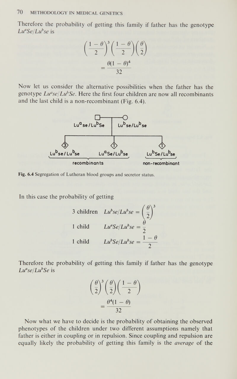 70 METHODOLOGY IN MEDICAL GENETICS Therefore the probability of getting this family if father has the genotype Lu^Se/Lu^se is /1 _ 0\3 /1 _ 0\ /0\ \ 2 J \ 2 J\2J 0(1 - 32 Now let us consider the alternative possibilities when the father has the genotype Lu se I Se. Here the first four children are now all recombinants and the last child is a non-recombinant (Fig. 6.4). Q- Lu^se/Lu'^Se -o Lubse/Lu'^se Î i Lu'^se/Lu'^se Lu^Se/Lu'^se Lu'^Se/Lu'^se V ' ^ V ' recombinants non-recombinant Fig. 6.4 Segregation of Lutheran blood groups and secretor status. In this case the probability of getting achilaren = Q 1 child Lu^Se/Lu^se = - J  Q 1 child Lu^SelLu^se = —-— Therefore the probability of getting this family if father has the genotype Lu^se/Lu^Se is íeyíe\í\-e\ \2J \2J\ 2 J 0^(1 - в) ~ 32 Now what we have to decide is the probability of obtaining the observed phenotypes of the children under two different assumptions namely that father is either in coupling or in repulsion. Since coupling and repulsion are equally likely the probability of getting this family is the average of the