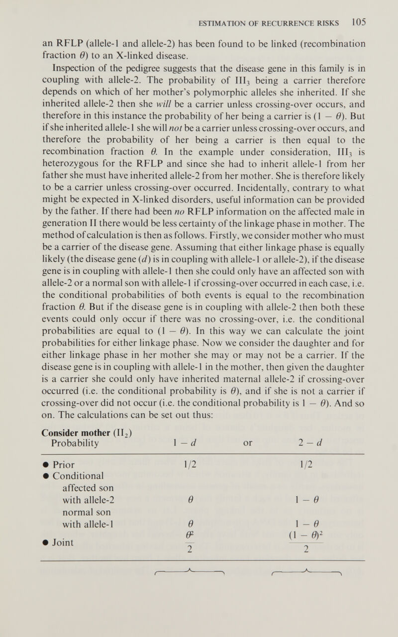 ESTIMATION OF RECURRENCE RISKS 105 an RFLP (allele-1 and allele-2) has been found to be linked (recombination fraction в) to an X-linked disease. Inspection of the pedigree suggests that the disease gene in this family is in coupling with allele-2. The probability of III3 being a carrier therefore depends on which of her mother's polymorphic alleles she inherited. If she inherited allele-2 then she will be a carrier unless crossing-over occurs, and therefore in this instance the probability of her being a carrier is (1 — в). But if she inherited allele-1 she will not be a carrier unless crossing-over occurs, and therefore the probability of her being a carrier is then equal to the recombination fraction в. In the example under consideration, III3 is heterozygous for the RFLP and since she had to inherit allele-1 from her father she must have inherited allele-2 from her mother. She is therefore likely to be a carrier unless crossing-over occurred. Incidentally, contrary to what might be expected in X-linked disorders, useful information can be provided by the father. If there had been no RFLP information on the affected male in generation II there would be less certainty of the linkage phase in mother. The method of calculation is then as follows. Firstly, we consider mother who must be a carrier of the disease gene. Assuming that either linkage phase is equally hkely (the disease gene {d) is in coupling with allele-1 or allele-2), if the disease gene is in coupling with allele-1 then she could only have an affected son with allele-2 or a normal son with allele-1 if crossing-over occurred in each case, i.e. the conditional probabilities of both events is equal to the recombination fraction в. But if the disease gene is in coupling with allele-2 then both these events could only occur if there was no crossing-over, i.e. the conditional probabilities are equal to (1 — в). In this way we can calculate the joint probabilities for either linkage phase. Now we consider the daughter and for either linkage phase in her mother she may or may not be a carrier. If the disease gene is in coupling with allele-1 in the mother, then given the daughter is a carrier she could only have inherited maternal allele-2 if crossing-over occurred (i.e. the conditional probability is 9), and if she is not a carrier if crossing-over did not occur (i.e. the conditional probability is 1 — в). And so on. The calculations can be set out thus: Consider mother (II2) Probability \ — d or 2 — d • Prior • Conditional 1/2 1/2 affected son with allele-2 normal son with allele-1 в У e 1 - в (1-0)2 1 - в • Joint 2