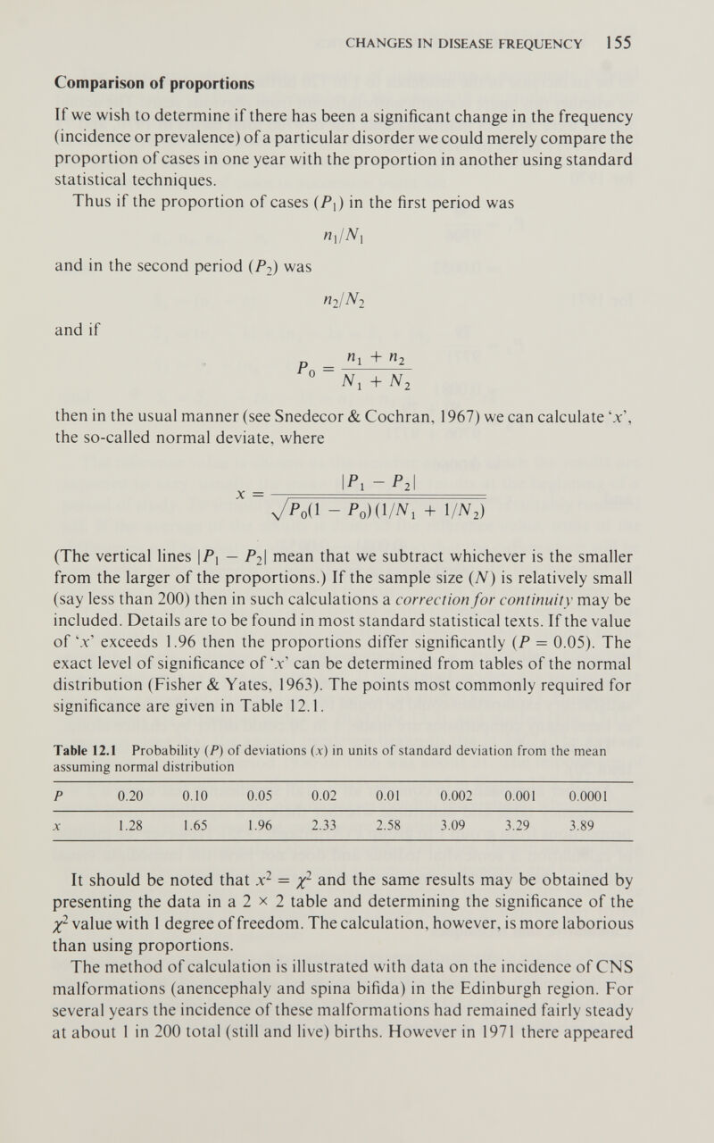 CHANGES IN DISEASE FREQUENCY 1 55 Comparison of proportions If we wish to determine if there has been a significant change in the frequency (incidence or prevalence) of a particular disorder we could merely compare the proportion of cases in one year with the proportion in another using standard statistical techniques. Thus if the proportion of cases (P^) in the first period was «,/yv, and in the second period ÌP2) was nilNi and if _ Ml + П2 ° N, + N2 then in the usual manner (see Snedecor & Cochran, 1967) we can calculate 'jc', the so-called normal deviate, where Po) {Ì/N, + l/N,) (The vertical fines \P\ — Pji mean that we subtract whichever is the smaller from the larger of the proportions.) If the sample size (Л'^) is relatively small (say less than 200) then in such calculations a correction for continuity may be included. Details are to be found in most standard statistical texts. If the value of '.y' exceeds 1.96 then the proportions differ significantly {P = 0.05). The exact level of significance of '.y' can be determined from tables of the normal distribution (Fisher & Yates, 1963). The points most commonly required for significance are given in Table 12.1. Table 12.1 Probability {P) of deviations (.v) in units of standard deviation from the mean assuming normal distribution P 0.20 0.10 0.05 0.02 0.01 0.002 0.001 0.0001 X 1.28 1.65 1.96 2.33 2.58 3.09 3.29 3.89 It should be noted that ^rid the same results may be obtained by presenting the data in a 2 x 2 table and determining the significance of the value with 1 degree of freedom. The calculation, however, is more laborious than using proportions. The method of calculation is illustrated with data on the incidence of CNS malformations (anencephaly and spina bifida) in the Edinburgh region. For several years the incidence of these malformations had remained fairly steady at about 1 in 200 total (still and live) births. However in 1971 there appeared