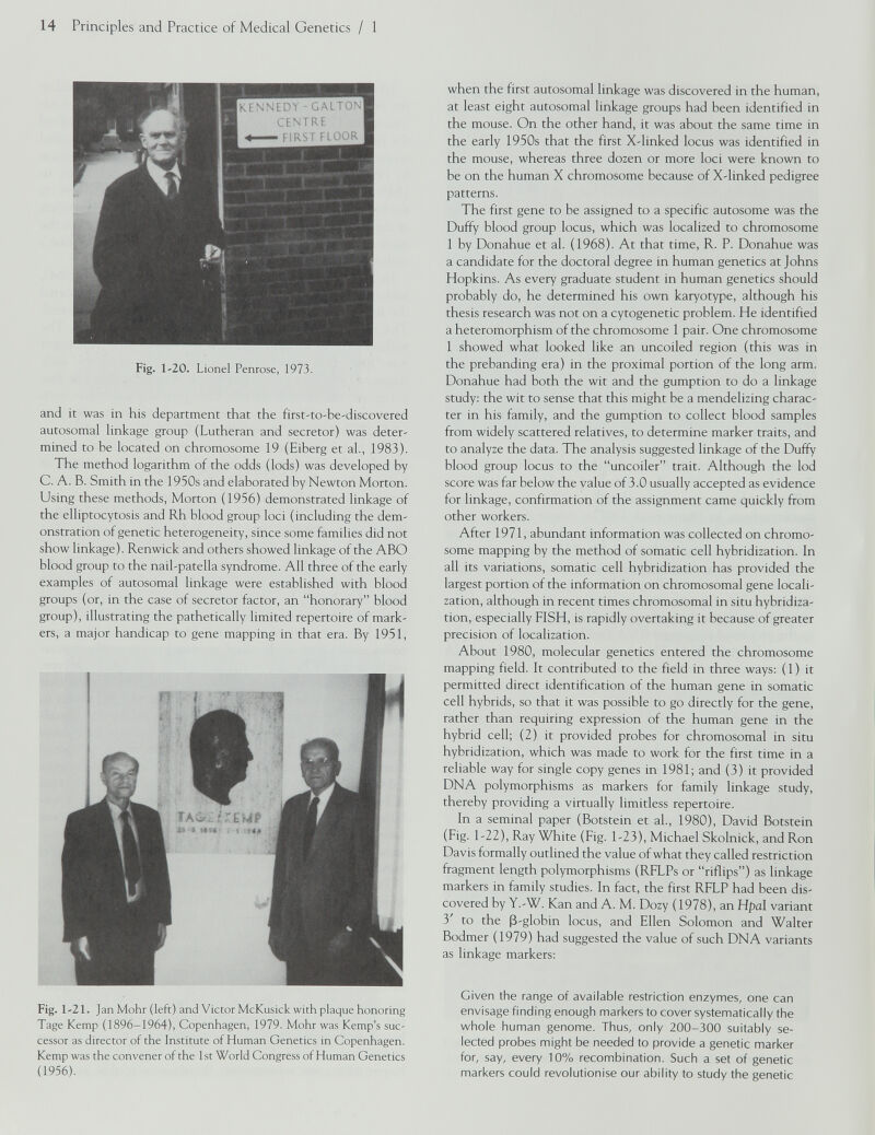 Fig. 1-20. Lionel Penrose, 1973. and it was in his department that the first-to-be-discovered autosomal linkage group (Lutheran and secretor) was deter mined to he located on chromosome 19 (Eiberg et al., 1983). The method logarithm of the odds (lods) was developed by C. A. B. Smith in the 1950s and elaborated by Newton Morton. Using these methods, Morton (1956) demonstrated linkage of the elliptocytosis and Rh blood group loci (including the dem onstration of genetic heterogeneity, since some families did not show linkage). Renwick and others showed linkage of the ABO blood group to the nail-patella syndrome. All three of the early examples of autosomal linkage were established with blood groups (or, in the case of secretor factor, an “honorary” blood group), illustrating the pathetically limited repertoire of mark ers, a major handicap to gene mapping in that era. By 1951, Fig. 1-21. Jan Mohr (left) and Victor McKusick with plaque honoring Tage Kemp (1896-1964), Copenhagen, 1979. Mohr was Kemp’s suc cessor as director of the Institute of Human Genetics in Copenhagen. Kemp was the convener of the 1st World Congress of Human Genetics (1956). when the first autosomal linkage was discovered in the human, at least eight autosomal linkage groups had been identified in the mouse. On the other hand, it was about the same time in the early 1950s that the first X-linked locus was identified in the mouse, whereas three dozen or more loci were known to be on the human X chromosome because of X-linked pedigree patterns. The first gene to be assigned to a specific autosome was the Duffy blood group locus, which was localized to chromosome 1 by Donahue et al. (1968). At that time, R. P. Donahue was a candidate for the doctoral degree in human genetics at Johns Hopkins. As every graduate student in human genetics should probably do, he determined his own karyotype, although his thesis research was not on a cytogenetic problem. He identified a heteromorphism of the chromosome 1 pair. One chromosome 1 showed what looked like an uncoiled region (this was in the prebanding era) in the proximal portion of the long arm. Donahue had both the wit and the gumption to do a linkage study: the wit to sense that this might be a mendelizing charac ter in his family, and the gumption to collect blood samples from widely scattered relatives, to determine marker traits, and to analyze the data. The analysis suggested linkage of the Duffy blood group locus to the “uncoiler” trait. Although the lod score was far below the value of 3.0 usually accepted as evidence for linkage, confirmation of the assignment came quickly from other workers. After 1971, abundant information was collected on chromo some mapping by the method of somatic cell hybridization. In all its variations, somatic cell hybridization has provided the largest portion of the information on chromosomal gene locali zation, although in recent times chromosomal in situ hybridiza tion, especially FISH, is rapidly overtaking it because of greater precision of localization. About 1980, molecular genetics entered the chromosome mapping field. It contributed to the field in three ways: (1) it permitted direct identification of the human gene in somatic cell hybrids, so that it was possible to go directly for the gene, rather than requiring expression of the human gene in the hybrid cell; (2) it provided probes for chromosomal in situ hybridization, which was made to work for the first time in a reliable way for single copy genes in 1981; and (3) it provided DNA polymorphisms as markers for family linkage study, thereby providing a virtually limitless repertoire. In a seminal paper (Botstein et al., 1980), David Botstein (Fig. 1-22), Ray White (Fig. 1-23), Michael Skolnick, and Ron Davis formally outlined the value of what they called restriction fragment length polymorphisms (RFLPs or “riflips”) as linkage markers in family studies. In fact, the first RFLP had been dis covered by Y.-W. Kan and A. M. Dozy (1978), an Hpal variant 3' to the (3-globin locus, and Ellen Solomon and Walter Bodmer (1979) had suggested the value of such DNA variants as linkage markers: Given the range of available restriction enzymes, one can envisage finding enough markers to cover systematically the whole human genome. Thus, only 200-300 suitably se lected probes might be needed to provide a genetic marker for, say, every 10% recombination. Such a set of genetic markers could revolutionise our ability to study the genetic