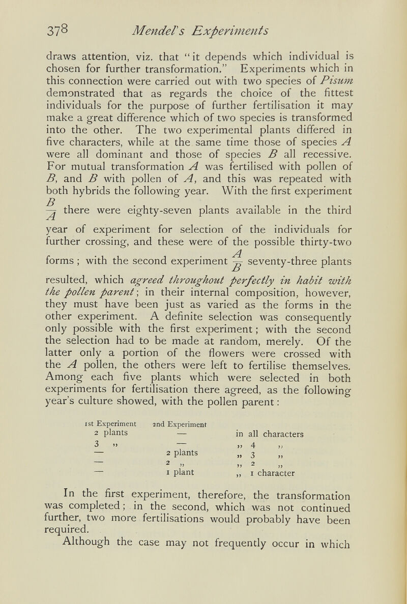 37^ Mendel s Experiments draws attention, viz. that  it depends which individual is chosen for further transformation, Experiments which in this connection were carried out with two species of Pisum demonstrated that as regards the choice of the fittest individuals for the purpose of further fertilisation it may make a great difference which of two species is transformed into the other. The two experimental plants differed in five characters, while at the same time those of species A were all dominant and those of species В all recessive. For mutual transformation A was fertilised with pollen of Д and В with pollen of A, and this was repeated with both hybrids the following year. With the first experiment there were eighty-seven plants available in the third A year of experiment for selection of the individuals for further crossing, and these were of the possible thirty-two forms ; with the second experiment ^ seventy-three plants resulted, which agreed throughout perfectly in habit with the pollen parent-, in their internal composition, however, they must have been just as varied as the forms in the other experiment. A definite selection was consequently only possible with the first experiment ; with the second the selection had to be made at random, merely. Of the latter only a portion of the flowers were crossed with the A pollen, the others were left to fertilise themselves. Among each five plants which were selected in both experiments for fertilisation there agreed, as the following year's culture showed, with the pollen parent : 2nd Experiment — in all characters >> 4 ?; 2 plants „ 3 ^ 'Î Ï) 2 jj I plant „ I character In the first experiment, therefore, the transformation was completed ; in the second, which was not continued further, two more fertilisations would probably have been required. Although the case may not frequently occur in which ist Experiment 2 plants 3 »»