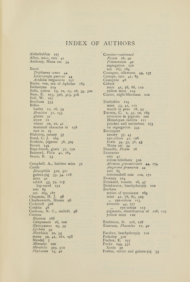 INDEX OF AUTHORS Abderhalden 227 Allen, mice, rats 41 Anthony, Manx cat 34 Bacot Triphaena comes 44 Lasiocampa qiurctts 44 Acidalia virgularía 252 Baehr, von, sex of Aphidae 189 Ballantyne 219 Balls, cotton 19, 20, 25, 28, 39, 300 Baur, E. 253, 308, 313, 318 Bell, W. 207 Bentham 333 Biffen barley 22, 26, 39 Brassica 31, 233 gluten 31 straw 22 wheat 20, 22, 41 maternal character in 258 rust in 25 Blakston, canary 37 Bond, C. J. 229 Bonhote, pigeons 36, 309 Boveri 249 Boys-Smith, goats 32, 170 Brainerd, Viola 41, 284 Bruce, R. 53 Campbell, A., hairless mice 32 Castle Drosophila 310, 311 guinea-pig 33, 34, 118 mice 41 rabbit 33, 79, 117 lop-eared 251 rats 85 sex 165, 187 Chapman, H. J. 96 Charlesworth, Messrs 96 Cockerell 308 Conklin 48 Cookson, N. C., orchids 96 Correns Bryonia 166 Campanula 26, 200 Hyoscyamus 25, 39 Lychnis 39 Matthiola 20, 39 maize 30, 41, 162, 256 Mendel 7 Mimulus 200 Mirabilis 309, 313 Phyteuma 23, 40 Correns—continued Pisiim 28, 40 Polemonium 40 segregation 270 sex 167, 169 Coutagne, silkworm 43, 137 Crampe, rats 41, 85 Crampton 48 Cuénot mice 41, 76, 86, 112 yellow mice 119 Cunier, night-blindness 220 Darbishire 129 mice 33, 41, 112 starch in peas 28, 53 Darwin, C. 2, 35, 70, 289 reversion in pigeons 100 Himalayan rabbits 111 peaches and nectarines 273 on segregation 334 Davenport canary 37, 43 eye-colour 41, 106 fowls 34, 35, 36, 43 Manx cat 34 Denaiffe, Pisum 28 Doncaster cats 41 colour-blindness 320 Abraxas grossulariata 44, 174 Angerona prunaria 44 rats 85 tortoiseshell cats 120, 172 Downey 224 Drinkard, tomato 26, 47 Drinkwater, brachydactyly 210 Durham action of tyrosinase 269 mice 41, 78, 87, 309 ,, eye-colour 113 canaries 43, 177 ,, eye-colour 113 pigments, identification of 116, yellow mice 120 Embleton, D. 216, 228 Emerson, Phaseolus 22, 40 Farabee, brachydactyly 210 Federley 310 Fischer, E. 257 Focke 249, 332 Xenia 30 Forbes, rabbit and guinea-pig 33