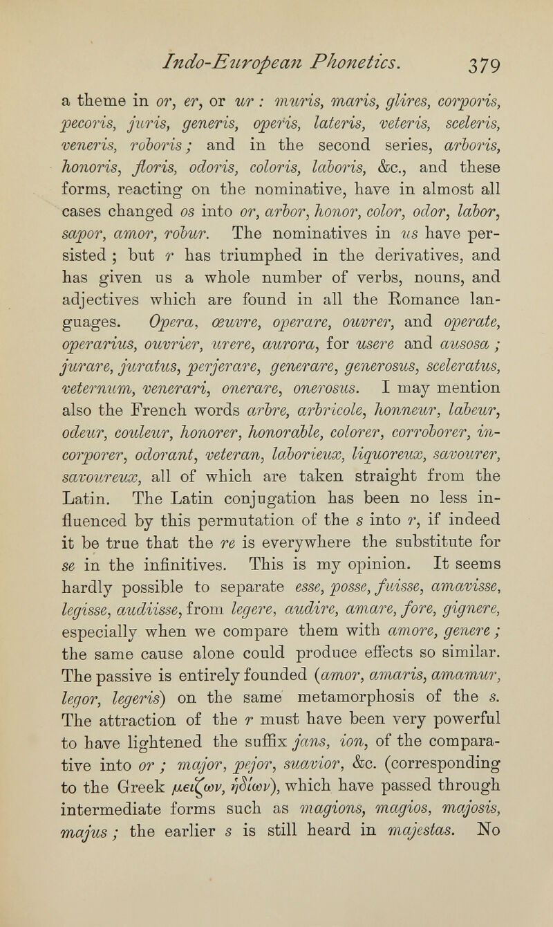 Indo-EîLTopean Phonetics. 379 a theme in or, er, or ur : muris, maris, glires, corporis, pecoris, juris, generis, operis, lateris, veteris, sceleris, veneris, roboris ; and in the second series, arboris, honoris, floris, odoris, coloris, laboris, &c., and these forms, reacting on the nominative, have in almost all cases changed os into or, arbor, hoiior, color, odor, labor, sapor, amor, robur. The nominatives in iis have per¬ sisted ; but r has triumphed in the derivatives, and has given us a whole number of verbs, nouns, and adjectives which are found in all the Romance lan¬ guages. Opera, œuvre, operare, ouvrer, and operate, operarius, ouvrier, urere, aurora, for usere and ausosa ; jurare, juratus, perjerare, generare, generosus, sceleratus, veternum, venerari, onerare, onerosus. I may mention also the French words arbre, arbricole, honneur, labeur, odeur, couleur, honorer, honorable, colorer, corroborer, in¬ corporer, odorant, veteran, laborieux, liquoreux, savourer, savoureux, ail of which are taken straight from the Latin. The Latin conjugation has been no less in¬ fluenced by this permutation of the s into r, if indeed it be true that the re is everywhere the substitute for se in the infinitives. This is my opinion. It seems hardly possible to separate esse, posse, fuisse, amavisse, legisse, audiisse, from legere, audire, amare, fore, gignere, especially when we compare them with amore, genere ; the same cause alone could produce effects so similar. The passive is entirely founded {amor, amaris, amamur, legor, legeris) on the same metamorphosis of the s. The attraction of the r must have been very powerful to have lightened the suffix jans, ion, of the compara¬ tive into or ; major, pejor, suavior, &c. (corresponding to the Greek juet^wv, nè'iwv), which have passed through intermediate forms such as magions, magios, majosis, majus ; the earlier s is still heard in majestas. No