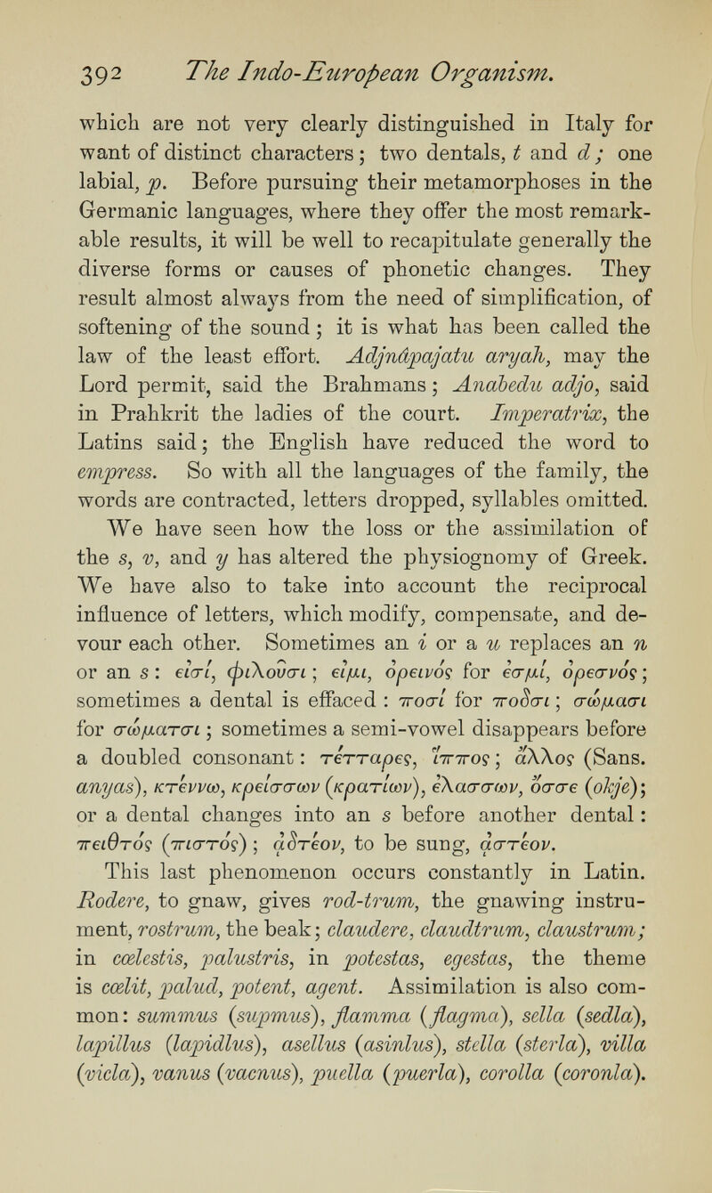 392 The Indo-European Organism. which are not very clearly distinguished in Italy for want of distinct characters ; two dentals, t and d ; one labial, p. Before pursuing their metamorphoses in the Germanic languages, where they offer the most remark¬ able results, it will be well to recapitulate generally the diverse forms or causes of phonetic changes. They result almost always from the need of simplification, of softening of the sound ; it is what has been called the law of the least effort. Adjnâpajatu aryah, may the Lord permit, said the Brahmans ; Anabedu adjo, said in Prahkrit the ladies of the court. Imperatrix, the Latins said; the English have reduced the word to empress. So with all the languages of the family, the words are contracted, letters dropped, syllables omitted. We have seen how the loss or the assimilation of the s, V, and y has altered the physiognomy of Greek. We have also to take into account the reciprocal influence of letters, which modify, compensate, and de¬ vour each other. Sometimes an -i or a replaces an n or an s : elcrl, (piXovcri ; eifxi, Speims for ia-jULi, ¿pecrvós ; sometimes a dental is effaced : тгосг/ for ttoScti ; агсЬ/ласп for (тоо/латсп ; sometimes a semi-vowel disappears before a doubled consonant : тетта^ое?, ¿тгтго? ; aWoç (Sans. any as), KTevvoù, Kpeícrcroov (краг'шзу), eXacra-wv, осгсге (okjè)', or a dental changes into an s before another dental : 7rei0toç (ttîcttoç) ; clêreop, to be sung, асттеоу. This last phenomenon occurs constantly in Latin. Rodere, to gnaw, gives rod-trum, the gnawing instru¬ ment, rostrum, the beak; claudere, daudtrum, claustrum; in cœlestis, palustris, in potestas, egestas, the theme is cœlit, palud, potent, agent. Assimilation is also com¬ mon: summus (supmus), fiamma {flagma), sella (sedia), lapillus (lapidlus), asellus (asinlus), stella {sterloì), villa (vicia), vanus (vacuus), pnella (puerla), corolla (coronla).