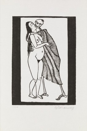 A skeleton as Death embraces a pregnant woman. Woodcut by Gerhard Marcks, 1959.