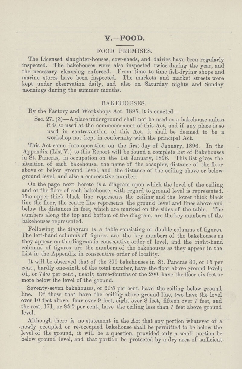 v.—FOOD. FOOD PREMISES. The Licensed slaughter-houses, cow-sheds, and dairies have been regularly inspected. The bakehouses were also inspected twice during the year, and the necessary cleansing enforced. From time to time fish-frying shops and marine stores have been inspected. The markets and market streets were kept under observation daily, and also on Saturday nights and Sunday mornings during the summer months. BAKEHOUSES. By the Factory and Workshops Act, 1895, it is enacted — Sec. 27. (3)—A place underground shall not be used as a bakehouse unless it is so used at the commencement of this Act, and if any place is so used in contravention of this Act, it shall be deemed to be a workshop not kept in conformity with the principal Act. This Act came into operation on the first day of January, 1896. In the Appendix (List Y.) to this Report will be found a complete list of Bakehouses in St. Pancras, in occupation on the 1st January, 1896. This list gives the situation of each bakehouse, the name of the occupier, distance of the floor above or below ground level, and the distance of the ceiling above or below ground level, and also a consecutive number. On the page next hereto is a diagram upon which the level of the ceiling and of the floor of each bakehouse, with regard to ground level is represented. The upper thick black line represents the ceiling and the lower thick black line the floor, the centre line represents the ground level and lines above and below the distances in feet, which are marked on the sides of the table. The numbers along the top and bottom of the diagram, are the key numbers of the bakehouses represented. Following the diagram is a table consisting of double columns of figures. The left-hand columns of figures are the key numbers of the bakehouses as they appear on the diagram in consecutive order of level, and the right-hand columns of figures are the numbers of the bakehouses as they appear in the List in the Appendix in consecutive order of locality. It will be observed that of the 200 bakehouses in St. Pancras 30, or 15 per cent., hardly one-sixth of the total number, have the floor above ground level; 51, or 74.5 per cent., nearly three-fourths of the 200, have the floor six feet or more below the level of the ground. Seventy-seven bakehouses, or 61.5 per cent. have the ceiling below ground line. Of those that have the ceiling above ground line, two have the level over 10 feet above, four over 9 feet, eight over 8 feet, fifteen over 7 feet, and the rest, 171, or 85.5 per cent., have the ceiling less than 7 feet above ground level. Although there is no statement in the Act that any portion whatever of a newly occupied or re-occupied bakehouse shall be permitted to be below the level of the ground, it will be a question, provided only a small portion be below ground level, and that portion be protected by a dry area of sufficient