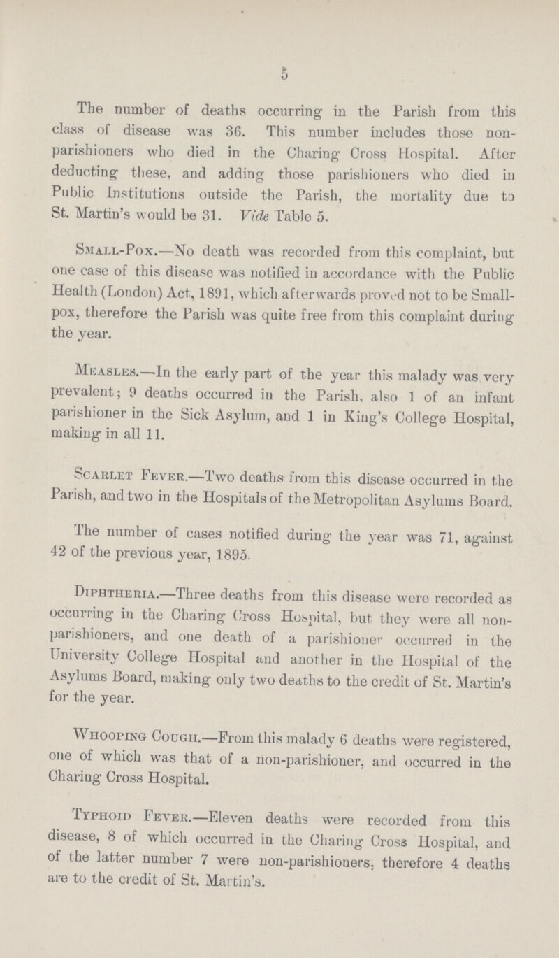 5 The number of deaths occurring in the Parish from this class of disease was 36. This number includes those non parishioners who died in the Charing Cross Hospital. After deducting these, and adding those parishioners who died in Public Institutions outside the Parish, the mortality due to St. Martin's would be 31. Vide Table 5. Small-Pox.—No death was recorded from this complaint, but one case of this disease was notified in accordance with the Public Health (London) Act, 1891, which afterwards proved not to be Small pox, therefore the Parish was quite free from this complaint during the year. Measles.—In the early part of the year this malady was very prevalent; 9 deaths occurred in the Parish, also 1 of an infant parishioner in the Sick Asylum, and 1 in King's College Hospital, making in all 11. Scarlet Fever.—Two deaths from this disease occurred in the Parish, and two in the Hospitals of the Metropolitan Asylums Board. The number of cases notified during the year was 71, against 42 of the previous year, 1895. Diphtheria.—Three deaths from this disease were recorded as occurring in the Charing Cross Hospital, but they were all non parishioners, and one death of a parishioner occurred in the University College Hospital and another in the Hospital of the Asylums Board, making only two deaths to the credit of St. Martin's for the year. Whooping Cough.—From this malady 6 deaths were registered, one of which was that of a non-parishioner, and occurred in the Charing Cross Hospital. Typhoid Fever.—Eleven deaths were recorded from this disease, 8 of which occurred in the Charing Cross Hospital, and of the latter number 7 were non-parishioners therefore 4 deaths are to the credit of St. Martin's.