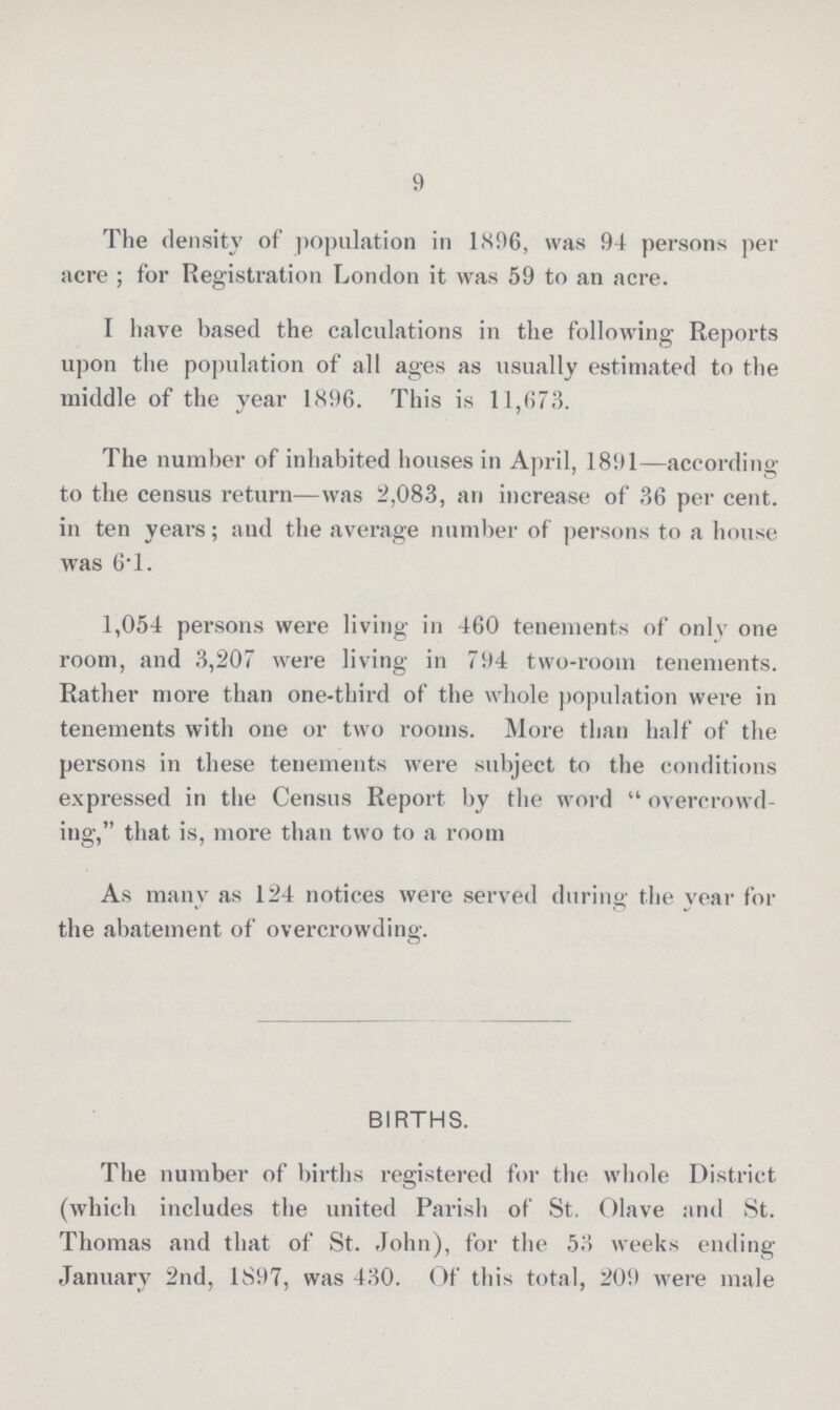 9 The density of population in 1S96, was 94 persons per acre; for Registration London it was 59 to an acre. I have based the calculations in the following Reports upon the population of all ages as usually estimated to the middle of the year 1896. This is 11,673. The number of inhabited houses in April, 1891—according to the census return—was 2,083, an increase of 36 per cent. in ten years; and the average number of persons to a house was 6.1. 1,054 persons were living in 460 tenements of only one room, and 3,207 were living in 794 two-room tenements. Rather more than one-third of the whole population were in tenements with one or two rooms. More than half of the persons in these tenements were subject to the conditions expressed in the Census Report by the word overcrowd ing, that is, more than two to a room As many as 124 notices were served during the year for the abatement of overcrowding. BIRTHS. The number of births registered for the whole District (which includes the united Parish of St, Olave and St. Thomas and that of St. John), for the 53 weeks ending January 2nd, 1897, was 430. Of this total, 209 were male