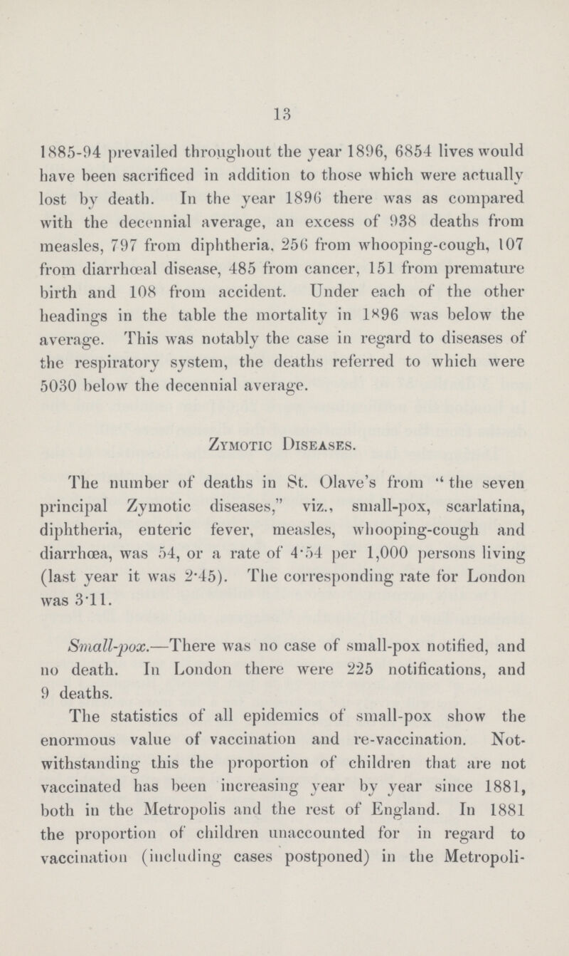 13 1885-94 prevailed throughout the year 1896, 6854 lives would have been sacrificed in addition to those which were actually lost by death. In the year 1896 there was as compared with the decennial average, an excess of 938 deaths from measles, 797 from diphtheria. 256 from whooping-cough, 107 from diarrhœal disease, 485 from cancer, 151 from premature birth and 108 from accident. Under each of the other headings in the table the mortality in 1896 was below the average. This was notably the case in regard to diseases of the respiratory system, the deaths referred to which were 5030 below the decennial average. Zymotic Diseases. The number of deaths in St. Olave's from ''the seven principal Zymotic diseases, viz., small-pox, scarlatina, diphtheria, enteric fever, measles, whooping-cough and diarrhoea, was 54, or a rate of 4.54 per 1,000 persons living (last year it was 2.45). The corresponding rate for London was 3.11. Small-pox.—There was no case of small-pox notified, and no death. In London there were 225 notifications, and 9 deaths. The statistics of all epidemics of small-pox show the enormous value of vaccination and re-vaccination. Not withstanding this the proportion of children that are not vaccinated has been increasing year by year since 1881, both in the Metropolis and the rest of England. In 1881 the proportion of children unaccounted for in regard to vaccination (including cases postponed) in the Metropoli¬