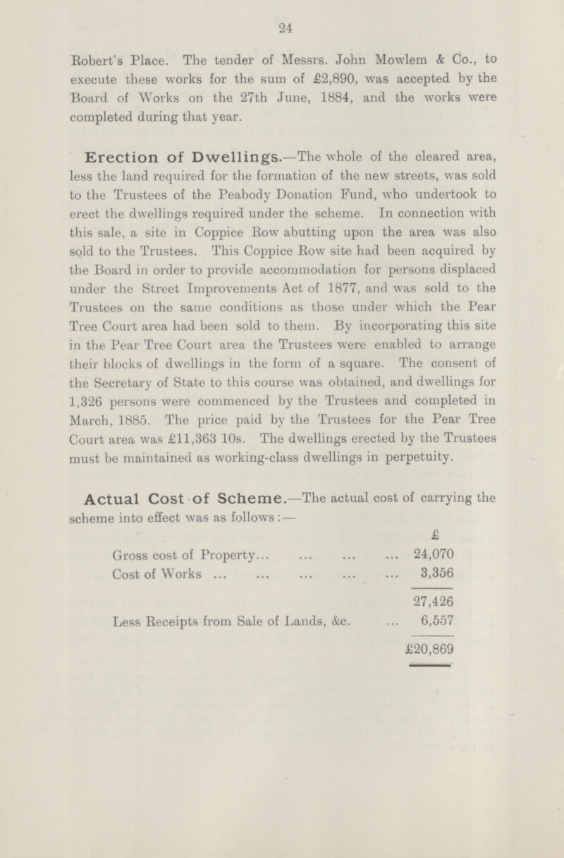 24 Robert's Place. The tender of Messrs. John Mowlem & Co., to execute these works for the sum of £2,890, was accepted by the Board of Works on the 27th June, 1884, and the works were completed during that year. Erection Of Dwellings.—The whole of the cleared area, less the land required for the formation of the new streets, was sold to the Trustees of the Peabody Donation Fund, who undertook to erect the dwellings required under the scheme. In connection with this sale, a site in Coppice Row abutting upon the area was also sold to the Trustees. This Coppice Row site had been acquired by the Board in order to provide accommodation for persons displaced under the Street Improvements Act of 1877, and was sold to the Trustees on the same conditions as those under which the Pear Tree Court area had been sold to them. By incorporating this site in the Pear Tree Court area the Trustees were enabled to arrange their blocks of dwellings in the form of a square. The consent of the Secretary of State to this course was obtained, and dwellings for 1,326 persons were commenced by the Trustees and completed in March, 1885. The price paid by the Trustees for the Pear Tree Court area was £11,363 10s. The dwellings erected by the Trustees must be maintained as working-class dwellings in perpetuity. Actual Cost of Scheme.—The actual cost of carrying the scheme into effect was as follows £ Gross cost of Property 24,070 Cost of Works 3,356 27,426 Less Receipts from Sale of Lands, &c. 6,557 £20,869