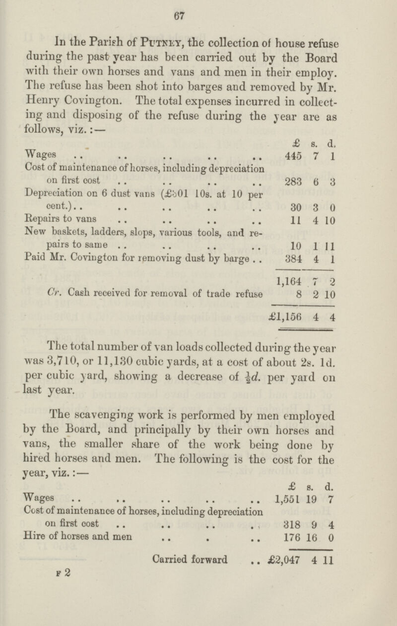 67 In the Parish of Putney, the collection of house refuse during the past year has been carried out by the Board with their own horses and vans and men in their employ. The refuse has been shot into barges and removed by Mr. Henry Covington. The total expenses incurred in collect ing and disposing of the refuse during the year are as follows, viz.:— £ s. d. Wages 445 7 1 Cost of maintenance of horses, including depreciation on first cost 283 6 3 Depreciation on 6 dust vans (£o01 10s. at 10 per cent.) 30 3 0 Repairs to vans 11 4 10 New baskets, ladders, slops, various tools, and re pairs to same 10 1 11 Paid Mr. Covington for removing dust by barge 384 4 1 1,164 7 2 Cr. Cash received for removal of trade refuse 8 2 10 £1,156 4 4 The total number of van loads collected during the year was 3,710, or 11,130 cubic yards, at a cost of about 2s. 1d. per cubic yard, showing a decrease of ½d. per yard on last year. The scavenging work is performed by men employed by the Board, and principally by their own horses and vans, the smaller share of the work being done by hired horses and men. The following is the cost for the year, viz.:— £ s. d. Wages 1,551 19 7 Cost of maintenance of horses, including depreciation on first cost 318 9 4 Hire of horses and men 176 16 0 Carried forward £2,047 4 11 f 2