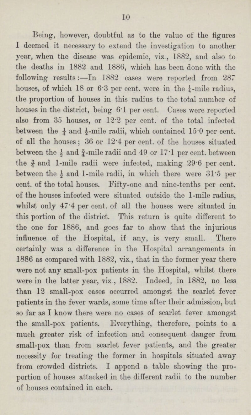 10 Being, however, doubtful as to the value of the figures I deemed it necessary to extend the investigation to another year, when the disease was epidemic, viz., 1882, and also to the deaths in 1882 and 1886, which has been done with the following results:—In 1882 cases were reported from 287 houses, of which 18 or 6.3 per cent. were in the ¼-mile radius, the proportion of houses in this radius to the total number of houses in the district, being 6.1 per cent. Cases were reported also from 35 houses, or 12.2 per cent. of the total infected between the ¼ and ½-mile radii, which contained l5.0 per cent. of all the houses; 36 or 124 per cent. of the houses situated between the £ and ¾-mile radii and 49 or 17.1 per cent. between the ¾ and 1-mile radii were infected, making 29.6 per cent. between the ½ and 1-mile radii, in which there were 31.5 per cent. of the total houses. Fifty-one and nine-tenths per cent, of the houses infected were situated outside the 1-mile radius, whilst only 474 per cent. of all the houses were situated in this portion of the district. This return is quite different to the one for 1886, and goes far to show that the injurious influence of the Hospital, if any, is very small. There certainly was a difference in the Hospital arrangements in 1886 as compared with 1882, viz., that in the former year there were not any small-pox patients in the Hospital, whilst there were in the latter year, viz., 1882. Indeed, in 1882, no less than 12 small-pox cases occurred amongst the scarlet fever patients in the fever wards, some time after their admission, but so far as I know there were no cases of scarlet fever amongst the small-pox patients. Everything, therefore, points to a much greater risk of infection and consequent danger from small-pox than from scarlet fever patients, and the greater necessity for treating the former in hospitals situated away from crowded districts. I append a table showing the pro portion of houses attacked in the different radii to the number of houses contained in each.