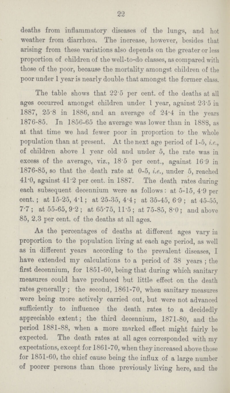 22 deaths from inflammatory diseases of the lungs, and hot weather from diarrhoea. The increase, however, besides that arising from these variations also depends on the greater or less proportion of children of the well-to-do classes, as compared with those of the poor, because the mortality amongst children of the poor under 1 year is nearly double that amongst the former class. The table shows that 22.5 per cent. of the deaths at all ages occurred amongst children under 1 year, against 235 in 1887, 25.8 in 1886, and an average of 24.4 in the years 1876-85. In 1856-65 the average was lower than in 1888, as at that time we had fewer poor in proportion to the whole population than at present. At the next age period of 1-5, i.e., of children above 1 year old and under 5, the rate was in excess of the average, viz., 18.5 per cent., against 16 9 in 1876-85, so that the death rate at 0-5, i.e., under 5, reached 41.0, against 41.2 per cent. in 1887. The death rates during each subsequent decennium were as follows: at 5-15, 4.9 per cent.; at 15-25, 4.1; at 25-35, 4.4; at 35-45, 6.9 ; at 45-55, 7.7 ; at 55-65, 9.2 ; at 65.75, 11.5; at 75-85, 8.0 ; and above 85, 2.3 per cent. of the deaths at all ages. As the percentages of deaths at different ages vary in proportion to the population living at each age period, as well as in different years according to the prevalent diseases, I have extended my calculations to a period of 38 years ; the first decennium, for 1851-60, being that during which sanitary measures could have produced but little effect on the death rates generally ; the second, 1861-70, when sanitary measures were being more actively carried out, but were not advanced sufficiently to influence the death rates to a deoidedly appreciable extent; the third decennium, 1871-80, and the period 1881-88, when a more marked effect might fairly be expected. The death rates at all ages corresponded with my expectations, except for 1861-70, when they increased above those for 1851-60, the chief cause being the influx of a large number of poorer persons than those previously living here, and the