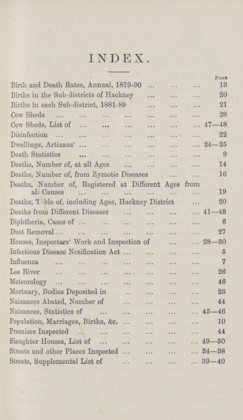 INDEX. Page Birth and Death Rates, Annual, 1879-90 13 Births in the Sub-districts of Hackney 20 Births in each Sub-district, 1881-89 21 Cow Sheds 28 Cow Sheds, List of 47—48 Disinfection 22 Dwellings, Artizans' 24—25 Death Statistics 9 Deaths, Number of, at all Ages 14 Deaths, Number of, from Zymotic Diseases 16 Deaths, Number of, Registered at Different Ages from ah Causes 19 Deaths, Table of, including Ages, Hackney District20 Deaths from Different Diseases 41—48 Diphtheria, Cases of 6 Dust Removal 27 Houses, Inspectors' Work and Inspection of 28—80 Infectious Disease Notification Act 5 Influenza7 Lee River26 Meteorology 46 Mortuary, Bodies Deposited in 28 Nuisances Abated, Number of 44 Nuisances, Statistics of 45—46 Population, Marriages, Births, &c 10 Premises Inspected 44 Slaughter Houses, List of 49—50 Streets and other Places Inspected84—88 Streets, Supplemental List of 39—40