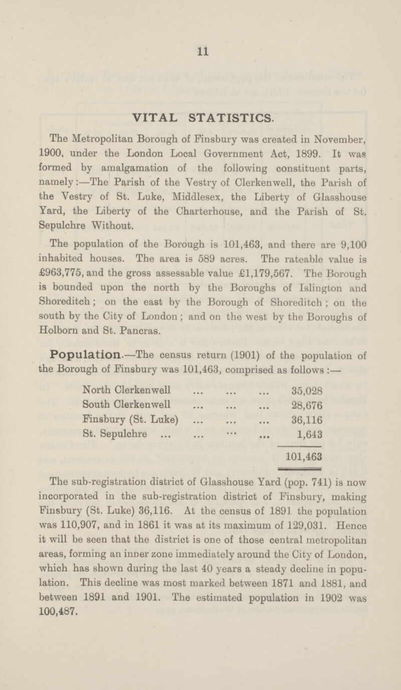 11 VITAL STATISTICS. The Metropolitan Borough of Finsbury was created in November, 1900, under the London Local Government Act, 1899. It was formed by amalgamation of the following constituent parts, namely:—The Parish of the Vestry of Clerkenwell, the Parish of the Vestry of St. Luke, Middlesex, the Liberty of Glasshouse Yard, the Liberty of the Charterhouse, and the Parish of St. Sepulchre Without. The population of the Borough is 101,463, and there are 9,100 inhabited houses. The area is 589 acres. The rateable value is £963,775, and the gross assessable value £1,179,567. The Borough is bounded upon the north by the Boroughs of Islington and Shoreditch; on the east by the Borough of Shoreditch; on the south by the City of London; and on the west by the Boroughs of Holborn and St. Pancras. Population.—The census return (1901) of the population of the Borough of Finsbury was 101,163, comprised as follows:— North Clerkenwell 35,028 South Clerkenwell 28,676 Finsbury (St. Luke) 36,116 St. Sepulchre 1,643 101,463 The sub-registration district of Glasshouse Yard (pop. 741) is now incorporated in the sub-registration district of Finsbury, making Finsbury (St. Luke) 36,116. At the census of 1891 the population was 110,907, and in 1861 it was at its maximum of 129,031. Hence it will be seen that the district is one of those central metropolitan areas, forming an inner zone immediately around the City of London, which has shown during the last 40 years a steady decline in popu lation. This decline was most marked between 1871 and 1881, and between 1891 and 1901. The estimated population in 1902 was 100,487.