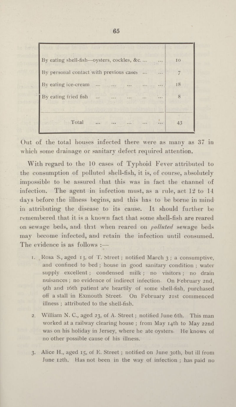 65 By eating shell-fish—oysters, cockles, &c. 10 By personal contact with previous cases 7 By eating ice-cream 18 By eating fried fish 8 Total 43 Out of the total houses infected there were as many as 37 in which some drainage or sanitary defect required attention. With regard to the 10 cases of Typhoid Fever attributed to the consumption of polluted shell-fish, it is, of course, absolutely impossible to be assured that this was in fact the channel of infection. The agent in infection must, as a rule, act 12 to 14 days before the illness begins, and this has to be borne in mind in attributing the disease to its cause. It should further be remembered that it is a known fact that some shell-fish are reared on sewage beds, and that when reared on polluted sewage beds may become infected, and retain the infection until consumed. The evidence is as follows :— 1. Rosa S., aged 13, of T. Street; notified March 3; a consumptive, and confined to bed; house in good sanitary condition; water supply excellent; condensed milk; no visitors; no drain nuisances; no evidence of indirect infection. On February 2nd, 9th and 16th patient ate heartily of some shell-fish, purchased off a stall in Exmouth Street. On February 21st commenced illness ; attributed to the shell-fish. 2. William N. C., aged 23, of A. Street; notified June 6th. This man worked at a railway clearing house; from May 14th to May 22nd was on his holiday in Jersey, where he ate oysters. He knows of 110 other possible cause of his illness. 3. Alice H., aged 15, of E. Street; notified on June 30th, but ill from June 12th. Has not been in the way of infection ; has paid no