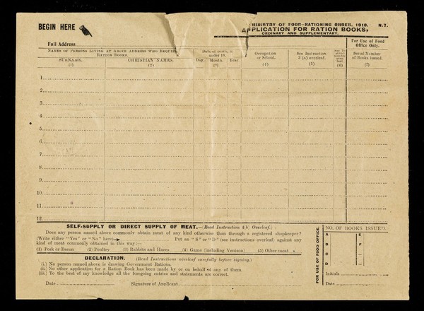 Application for ration books : ordinary and supplementary / Ministry of Food.