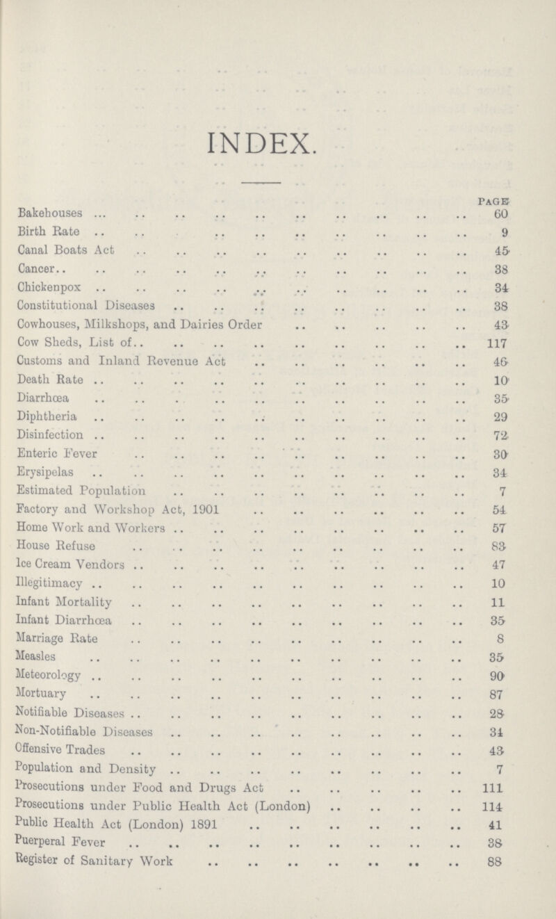 INDEX. page Bakehouses 60 Birth Rate 9 Canal Boats Act 45 Cancer 38 Chickenpox 34 Constitutional Diseases 38 Cowhouses, Milkshops, and Dairies Order 43 Cow Sheds, List of 117 Customs and Inland Revenue Act 46 Death Rate 10 Diarrhœa 35 Diphtheria 29 Disinfection 72 Enteric Fever 30 Erysipelas 34 Estimated Population 7 Factory and Workshop Act, 1901 54 Home Work and Workers 57 House Refuse 83 Ice Cream Vendors 47 Illegitimacy 10 Infant Mortality 11 Infant Diarrhœa 35 Marriage Rate 8 Measles 35 Meteorology 90 Mortuary 87 Notifiable Diseases 28 Non-Notifiable Diseases 34 Offensive Trades 43 Population and Density 7 Prosecutions under Food and Drugs Act 111 Prosecutions under Public Health Act (London) 114 Public Health Act (London) 1891 41 Puerperal Fever 38 Register of Sanitary Work 88