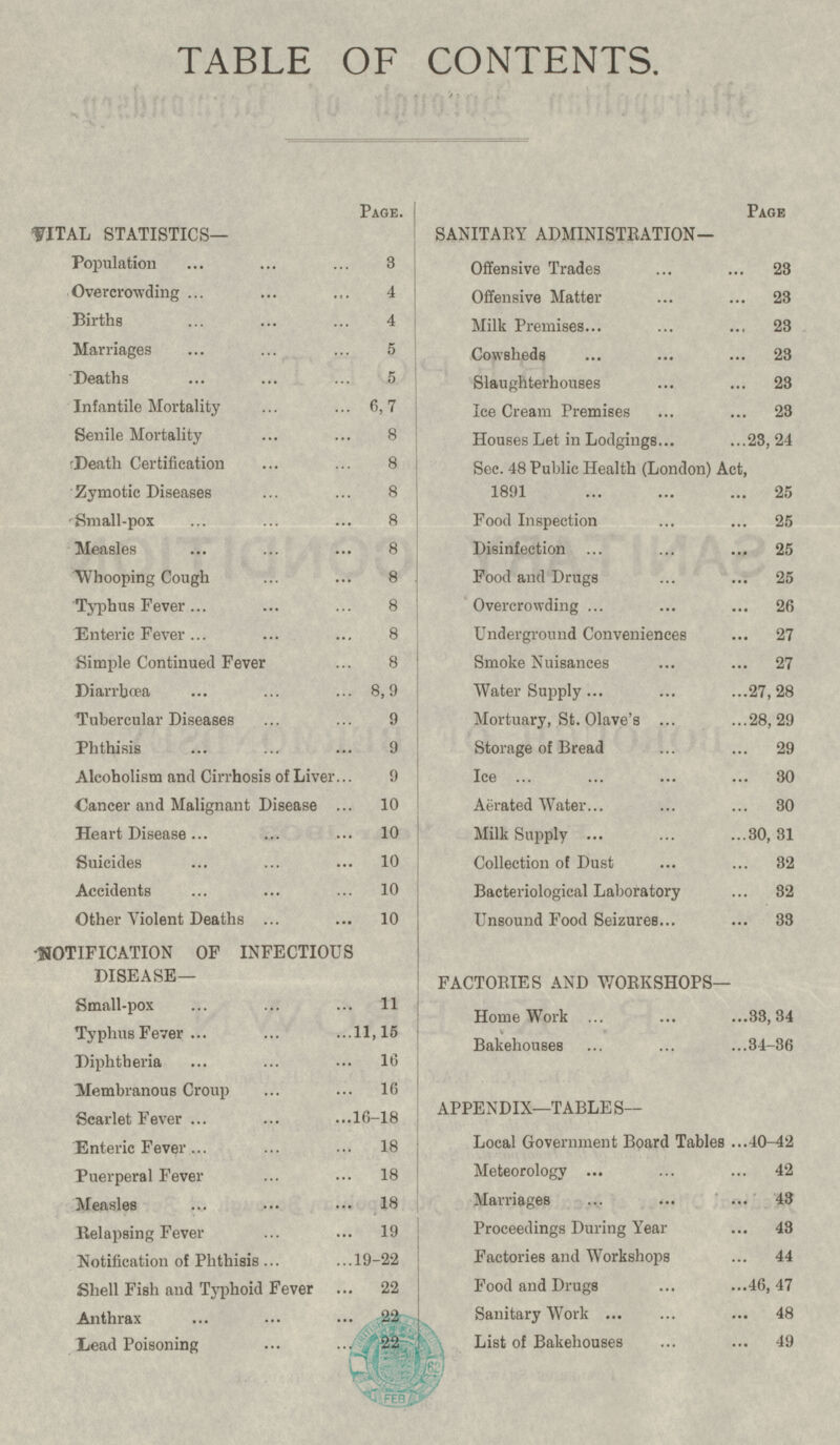 TABLE OF CONTENTS. Page. VITAL STATISTICS- Population 3 Overcrowding 4 Births 4 Marriages 5 Deaths 5 Infantile Mortality 6,7 Senile Mortality 8 Death Certification 8 Zymotic Diseases 8 Small-pox 8 Measles 8 Whooping Cough 8 Typhus Fever 8 Enteric Fever 8 Simple Continued Fever 8 Diarrhœa 8,9 Tubercular Diseases 9 Phthisis 9 Alcoholism and Cirrhosis of Liver 9 Cancer and Malignant Disease 10 Heart Disease 10 Suicides 10 Accidents 10 Other Violent Deaths 10 NOTIFICATION OF INFECTIOUS DISEASE— Small-pox 11 Typhus Fever 11,15 Diphtheria 16 Membranous Croup 16 Scarlet Fever 16-18 Entric Fever 18 Puerperal Fever 18 Meales 18 Relapsing Fever 19 Notification of Phthisis 19-22 Shell Fish and Typhoid Fever 22 Anthrax 22 Lead Poisoning 22 Page SANITARY ADMINISTRATION— Offensive Trades 23 Offensive Matter 23 Milk Premises 23 Cowsheds 23 Slaughterhouses 23 Ice Cream Premises 23 Houses Let in Lodgings 23, 24 Sec. 48 Public Health (London) Act, 1891 25 Food Inspection 25 Disinfection 25 Food and Drugs 25 Overcrowding 26 Underground Conveniences 27 Smoke Nuisances 27 Water Supply 27,28 Mortuary, St. Olave's 28,29 Storage of Bread 29 Ice 30 Aërated Water 30 Milk Supply 30, 31 Collection of Dust 32 Bacteriological Laboratory 32 Unsound Food Seizures 33 FACTORIES AND WORKSHOPS— HomeWork 33,34 Bakehouses 34-36 APPENDIX—TABLES— Local Government Board Tables 40-42 Meteorology 42 Marriages 43 Proceedings During Year 43 Factories and Workshops 44 Food and Drugs 46,47 Sanitary Work 48 List of Bakehouses 49