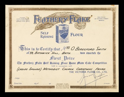 Feathery Flake self raising flour : this is to certify that M ... of ... was awarded the first prize in The Feathery Flour Self Raising Flour Home Made Cake Competition held in conjunction with ... / The Victoria Flour Co., Ltd.