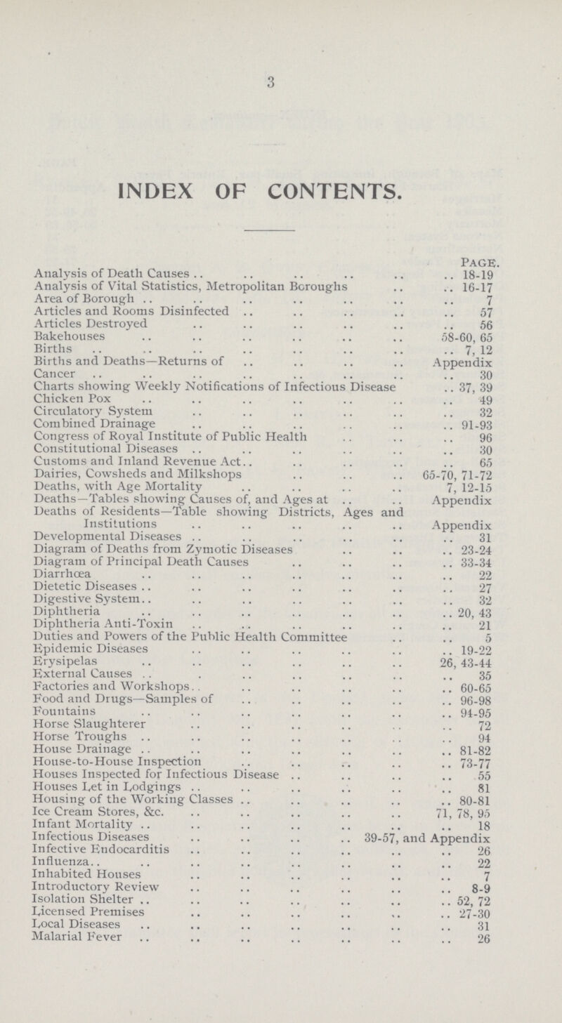 3 INDEX OF CONTENTS. Page. Analysis of Death Causes 18-19 Analysis of Vital Statistics, Metropolitan Boroughs 16-17 Area of Borough 7 Articles and Rooms Disinfected 57 Articles Destroyed 56 Bakehouses 58-60, 65 Births 7,12 Births and Deaths—Returns of Appendix Cancer 30 Charts showing Weekly Notifications of Infectious Disease 37, 39 Chicken Pox. 49 Circulatory System 32 Combined Drainage 91-93 Congress of Royal Institute of Public Health 96 Constitutional Diseases 30 Customs and Inland Revenue Act 65 Dairies, Cowsheds and Milkshops 65-70,71-72 Deaths, with Age Mortality 7, 12-15 Deaths—Tables showing Causes of, and Ages at Appendix Deaths of Residents—Table showing Districts, Ages and Institutions Appendix Developmental Disease 31 Diagram of Deaths from Zymotic Diseases 23-24 Diagram of Principal Death Causes 33-34 Diarrhcea 22 Dietetic Diseases 27 Digestive System 32 Diphtheria 20, 43 Diphtheria Anti-Toxin 21 Duties and Powers of the Public Health Committee 5 Epidemic Diseases 19-22 Erysipelas 26, 43-44 External Causes 35 Factories and Workshops 60-65 Food and Drugs—Samples of 96-98 Fountains 94-95 Horse Slaughterer 72 Horse Troughs 94 House Drainage 81-82 House-to-House Inspection 73-77 Houses Inspected for Infectious Disease 55 Houses Let in Lodgings 81 Housing of the Working Classes 80-81 Ice Cream Stores, &c. 71,78,95 Infant Mortality 18 Infectious Diseases 39-57, and Appendix Infective Endocarditis 26 Influenza 22 Inhabited Houses 7 Introductory Review 8-9 Isolation Shelter 52, 72 Licensed Premises 27-30 Local Diseases 31 Malarial Fever 26