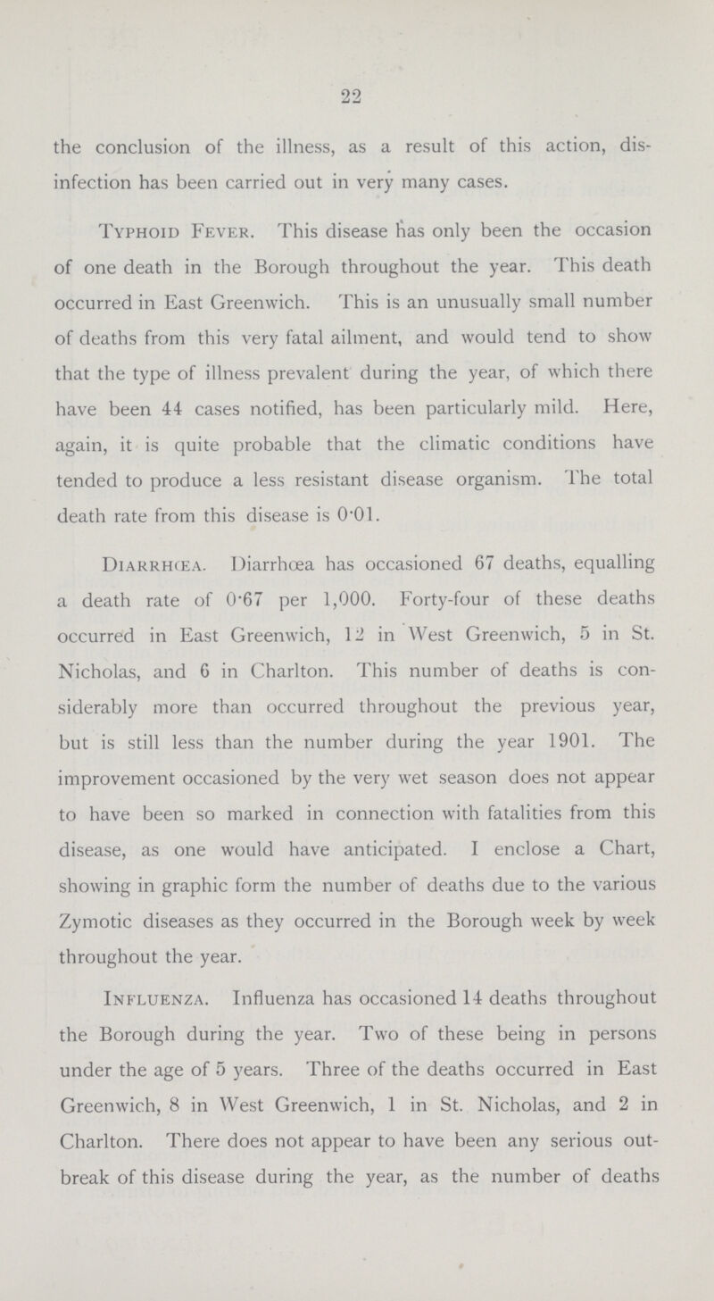 22 the conclusion of the illness, as a result of this action, dis infection has been carried out in very many cases. Typhoid Fever. This disease lias only been the occasion of one death in the Borough throughout the year. This death occurred in East Greenwich. This is an unusually small number of deaths from this very fatal ailment, and would tend to show that the type of illness prevalent during the year, of which there have been 44 cases notified, has been particularly mild. Here, again, it is quite probable that the climatic conditions have tended to produce a less resistant disease organism. The total death rate from this disease is 0.01. Diarrhœa. Diarrhœa has occasioned 67 deaths, equalling a death rate of 0.67 per 1,000. Forty-four of these deaths occurred in East Greenwich, 12 in West Greenwich, 5 in St. Nicholas, and 6 in Charlton. This number of deaths is con siderably more than occurred throughout the previous year, but is still less than the number during the year 1901. The improvement occasioned by the very wet season does not appear to have been so marked in connection with fatalities from this disease, as one would have anticipated. I enclose a Chart, showing in graphic form the number of deaths due to the various Zymotic diseases as they occurred in the Borough week by week throughout the year. Influenza. Influenza has occasioned 14 deaths throughout the Borough during the year. Two of these being in persons under the age of 5 years. Three of the deaths occurred in East Greenwich, 8 in West Greenwich, 1 in St. Nicholas, and 2 in Charlton. There does not appear to have been any serious out break of this disease during the year, as the number of deaths