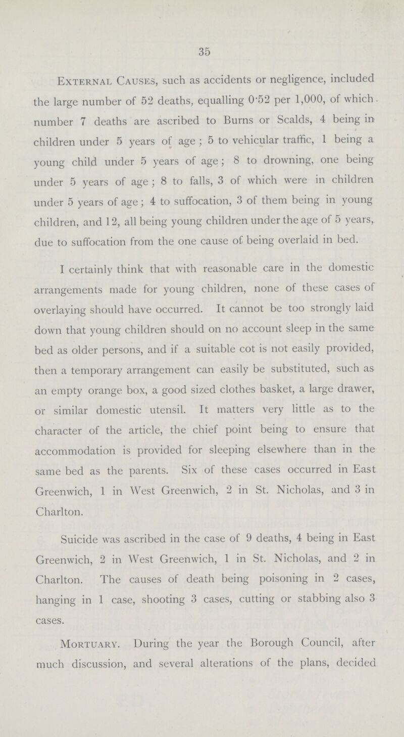 35 External Causes, such as accidents or negligence, included the large number of 52 deaths, equalling 0.52 per 1,000, of which number 7 deaths are ascribed to Burns or Scalds, 4 being in children under 5 years of age; 5 to vehicular traffic, 1 being a young child under 5 years of age; 8 to drowning, one being under 5 years of age; 8 to falls, 3 of which were in children under 5 years of age; 4 to suffocation, 3 of them being in young children, and 12, all being young children under the age of 5 years, due to suffocation from the one cause of being overlaid in bed. I certainly think that with reasonable care in the domestic arrangements made for young children, none of these cases of overlaying should have occurred. It cannot be too strongly laid down that young children should on no account sleep in the same bed as older persons, and if a suitable cot is not easily provided, then a temporary arrangement can easily be substituted, such as an empty orange box, a good sized clothes basket, a large drawer, or similar domestic utensil. It matters very little as to the character of the article, the chief point being to ensure that accommodation is provided for sleeping elsewhere than in the same bed as the parents. Six of these cases occurred in East Greenwich, 1 in West Greenwich, 2 in St. Nicholas, and 3 in Charlton. Suicide was ascribed in the case of 9 deaths, 4 being in East Greenwich, 2 in West Greenwich, 1 in St. Nicholas, and 2 in Charlton. The causes of death being poisoning in 2 cases, hanging in 1 case, shooting 3 cases, cutting or stabbing also 3 cases. Mortuary. During the year the Borough Council, after much discussion, and several alterations of the plans, decided